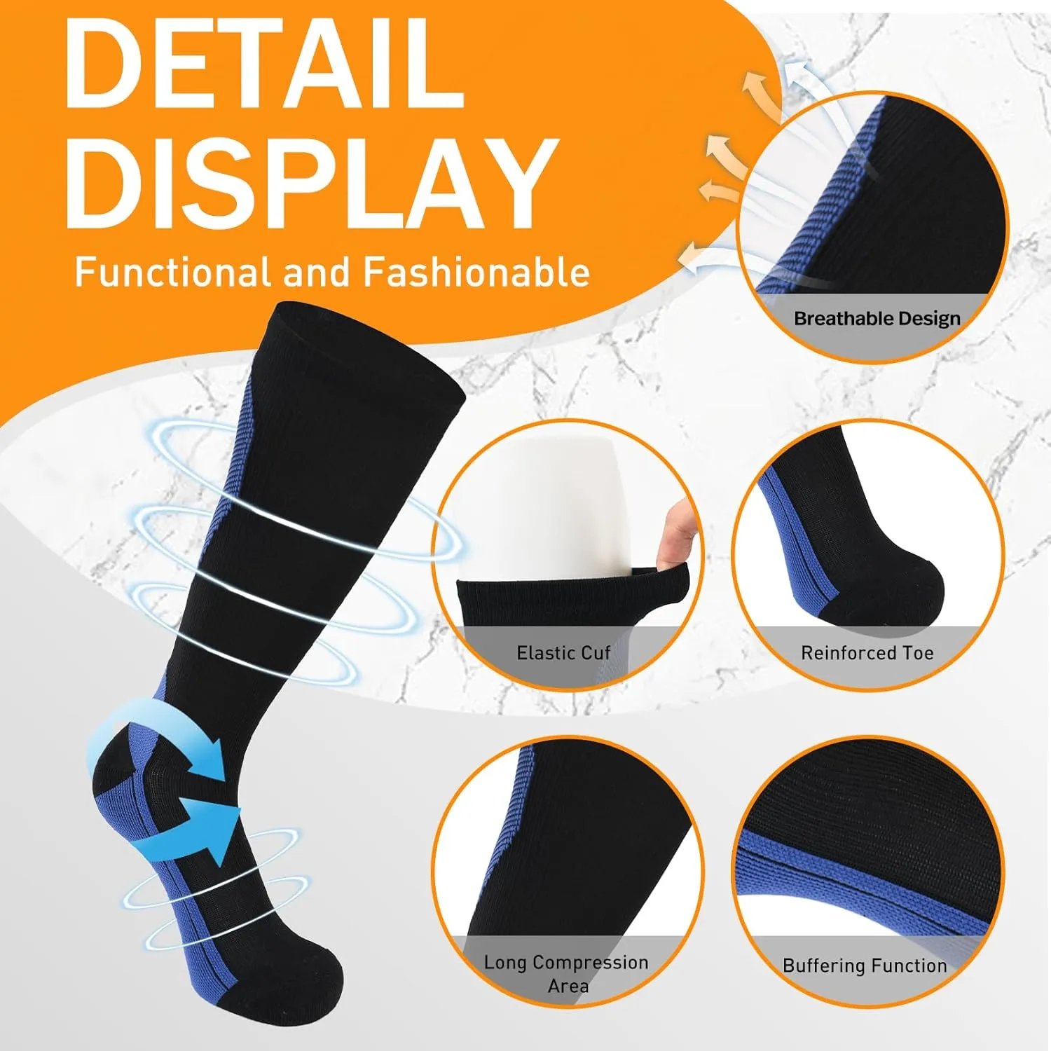 Les Kinberly Compression Socks Cushion Anti-Blister Moisture Wicking Athletic Basketball Running Hiking Socks 3 Pairs