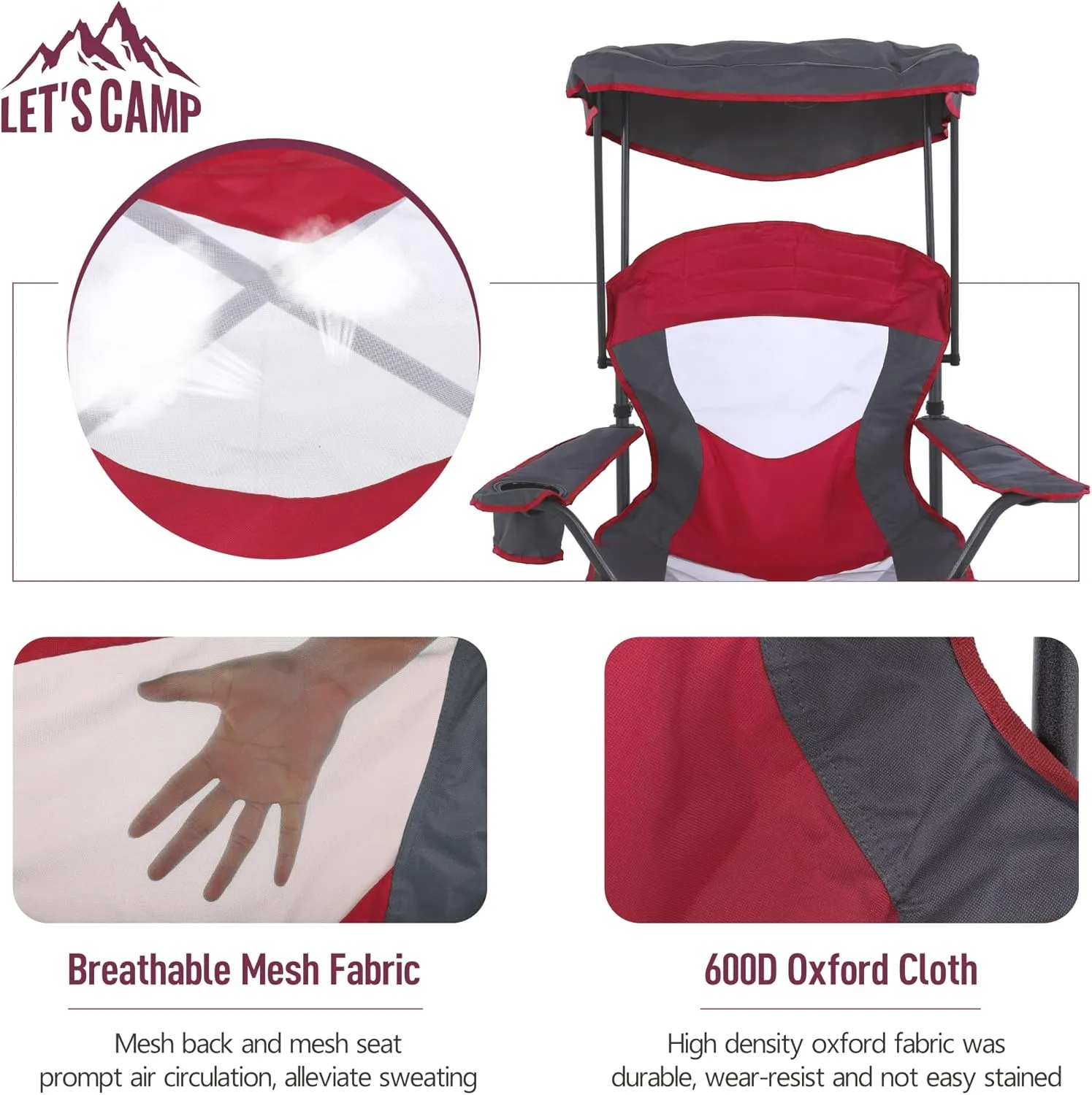 LET'S CAMP Camp Chair with Shade Canopy Folding Camping Chair with Cup Holder and Carry Bag for Outdoor Camping Hiking Beach, Heavy Duty 350 LBS,2 Pack