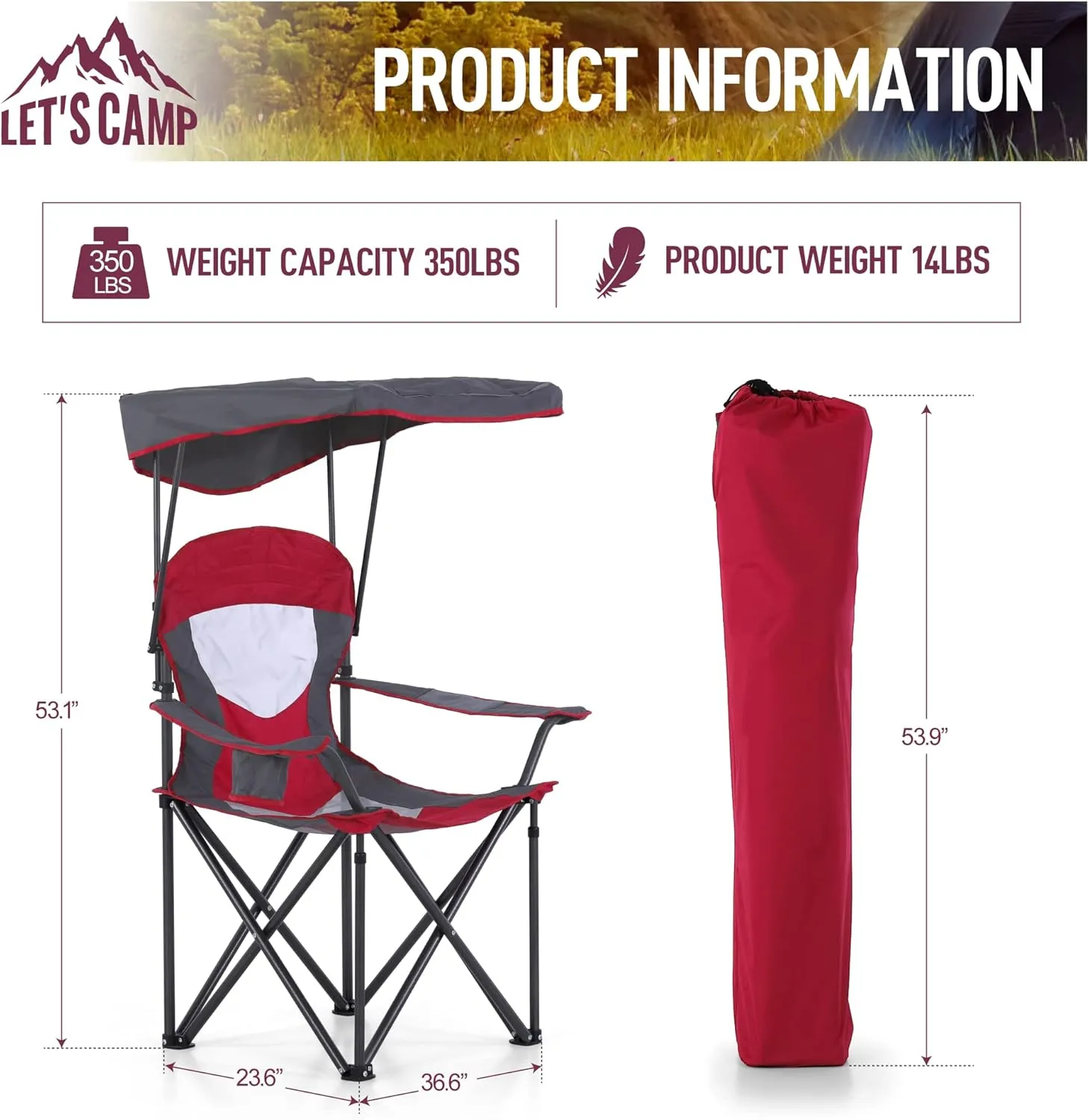 LET'S CAMP Camp Chair with Shade Canopy Folding Camping Chair with Cup Holder and Carry Bag for Outdoor Camping Hiking Beach, Heavy Duty 350 LBS,2 Pack