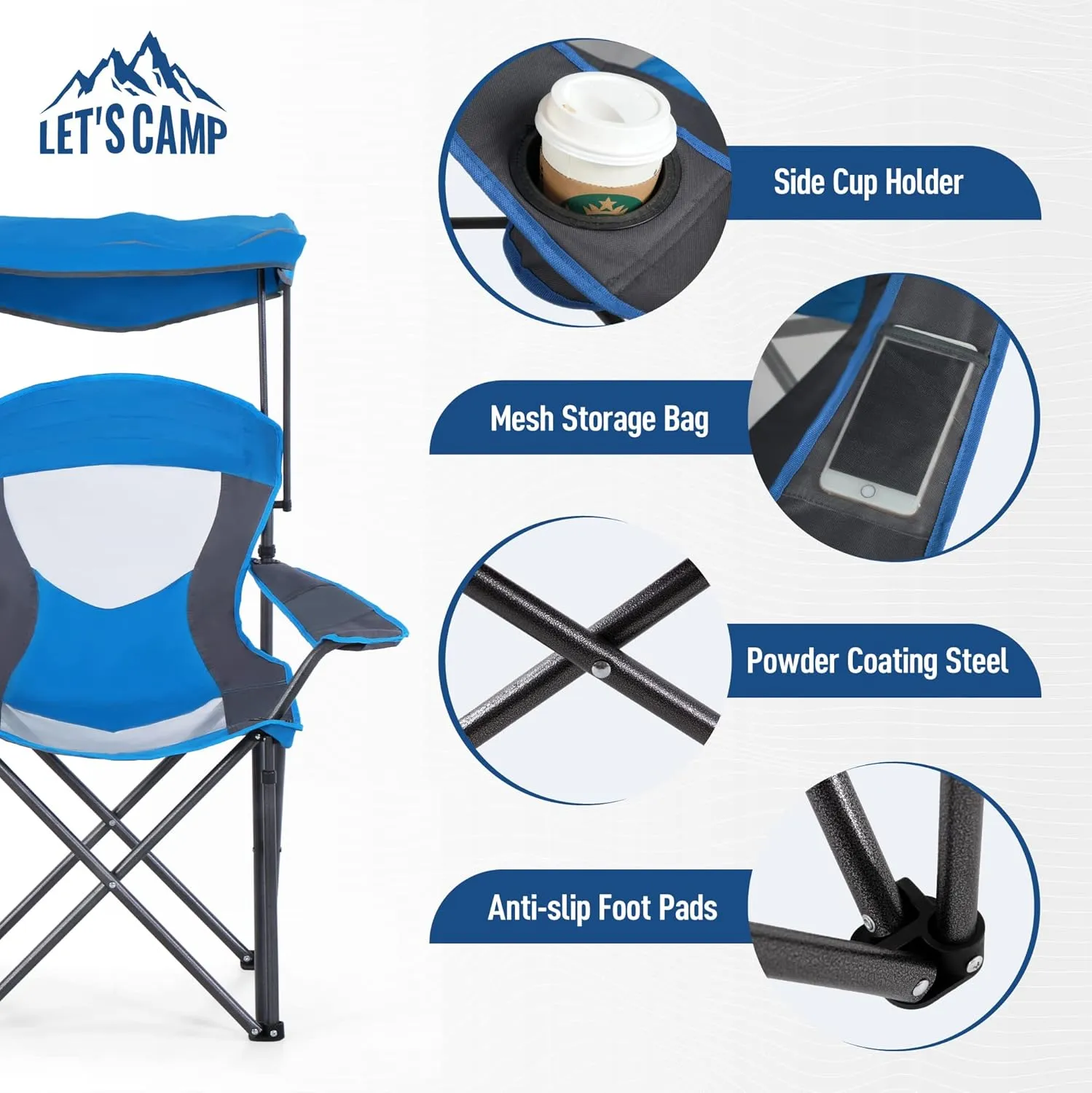 LET'S CAMP Camp Chair with Shade Canopy Folding Camping Chair with Cup Holder and Carry Bag for Outdoor Camping Hiking Beach, Heavy Duty 350 LBS,2 Pack