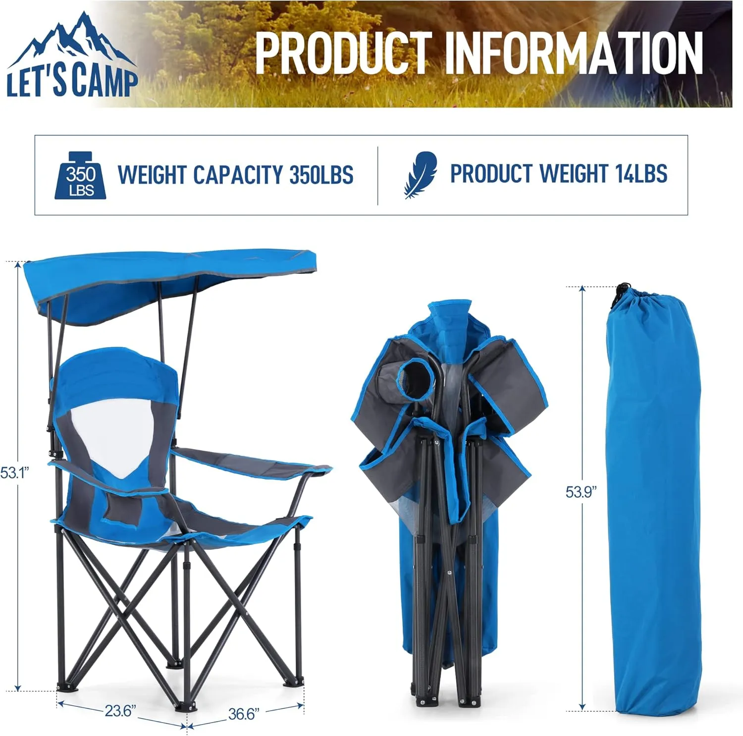 LET'S CAMP Camp Chair with Shade Canopy Folding Camping Chair with Cup Holder and Carry Bag for Outdoor Camping Hiking Beach, Heavy Duty 350 LBS,2 Pack