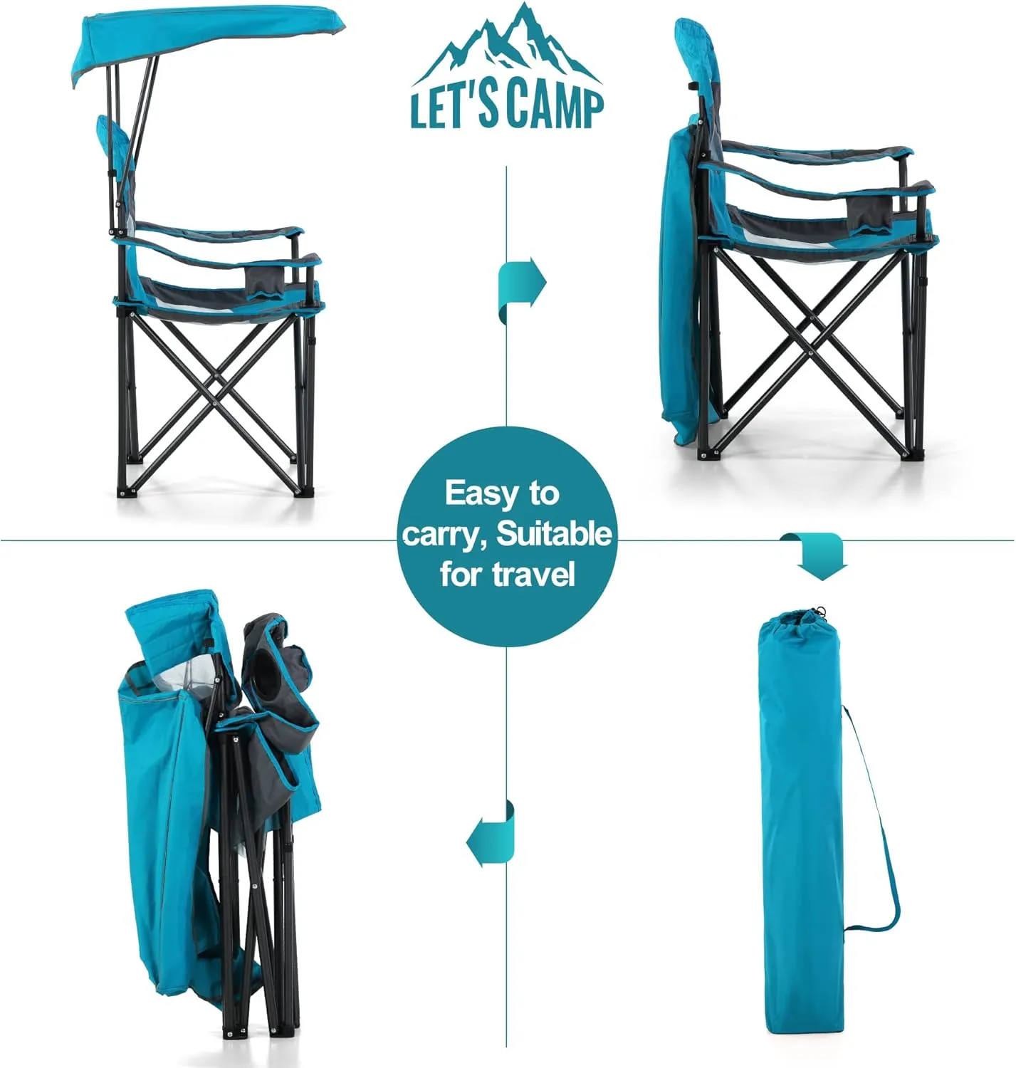 LET'S CAMP Camp Chair with Shade Canopy Folding Camping Chair with Cup Holder and Carry Bag for Outdoor Camping Hiking Beach, Heavy Duty 350 LBS