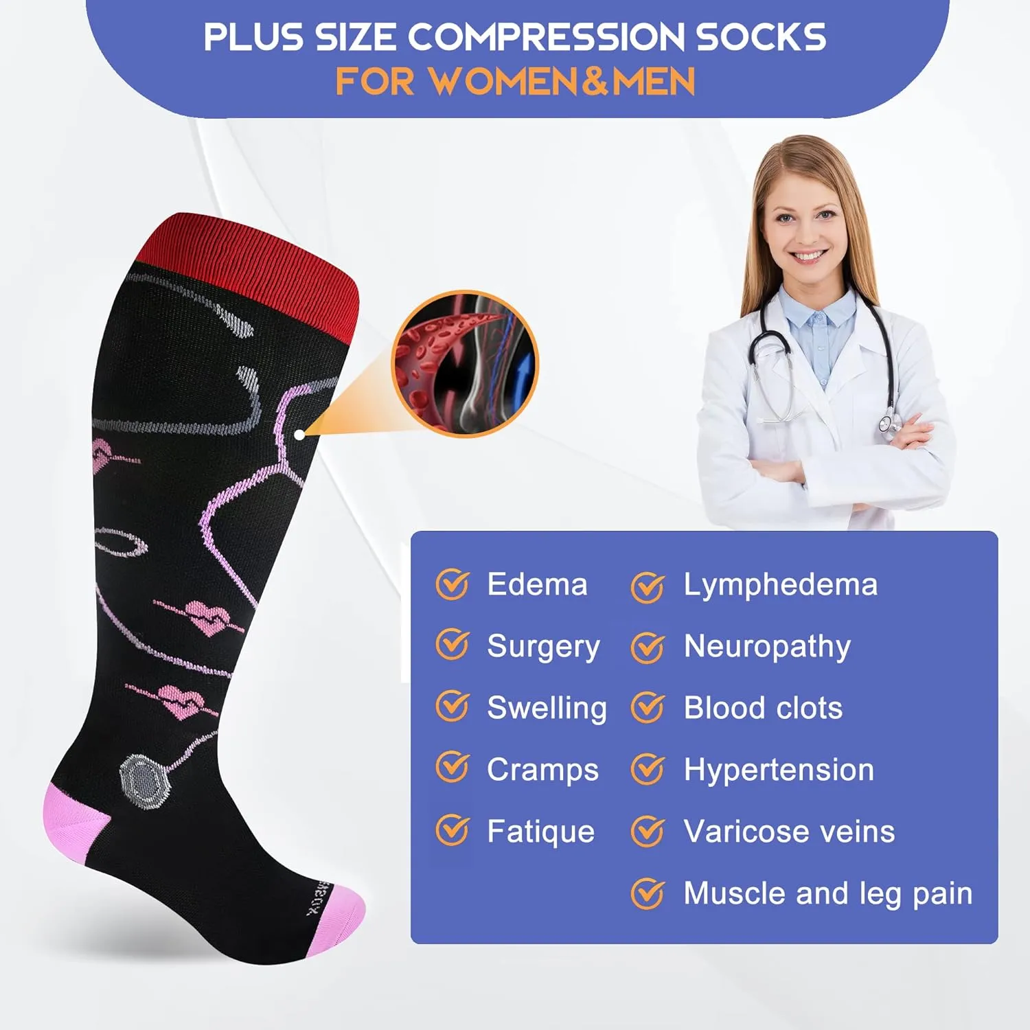 LEVSOX Plus Size Compression Socks for Women Men Wide Calf Extra Large 15-20 mmHg Knee High Sock for Nurses Pregnant Travel