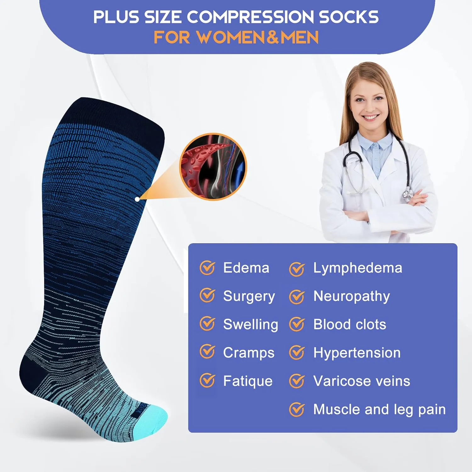 LEVSOX Plus Size Compression Socks for Women Men Wide Calf Extra Large 15-20 mmHg Knee High Sock for Nurses Pregnant Travel
