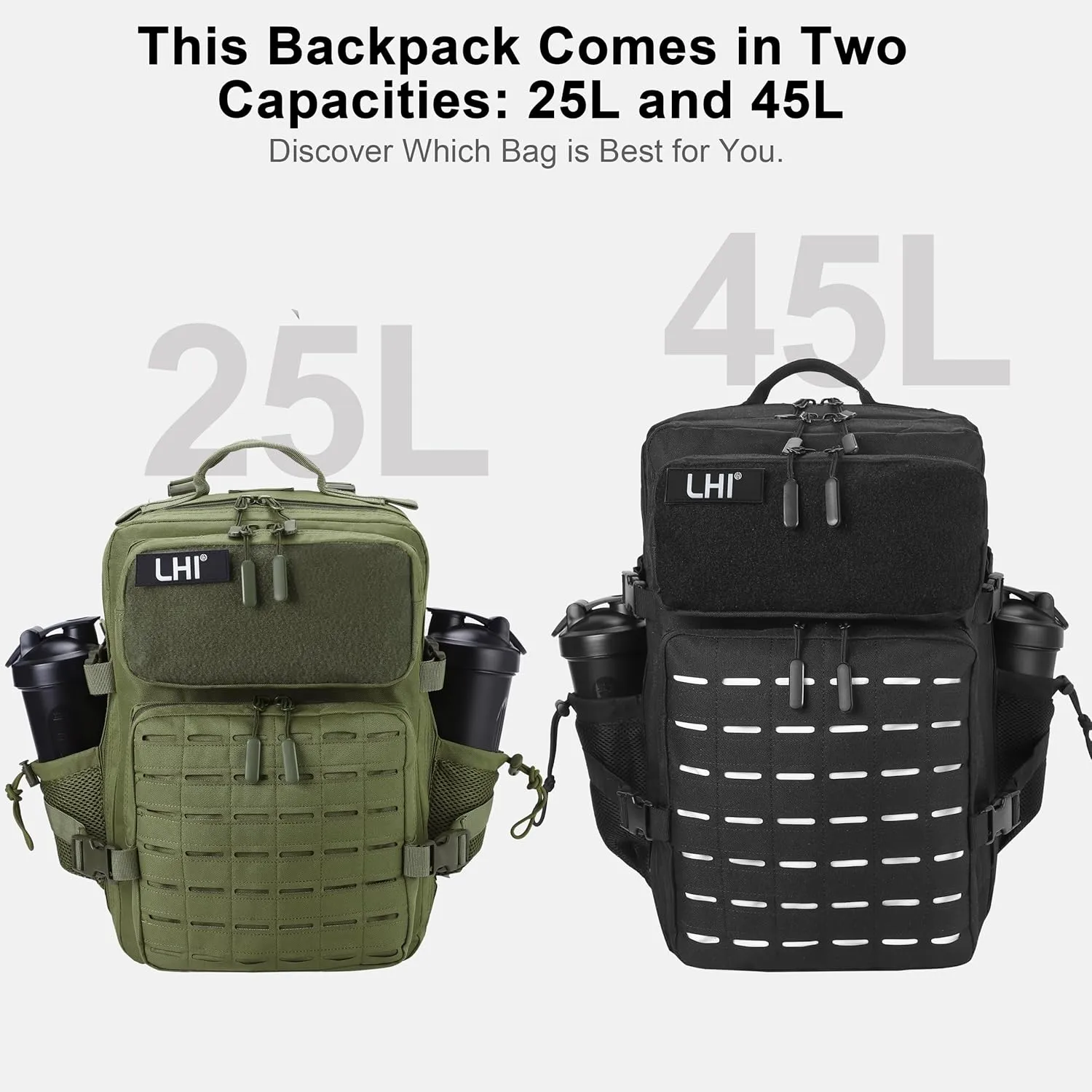 LHI Tactical Military Backpack for Men 25L/45L Large Molle Army Assault Pack 3 Day Hiking Rucksack With Bottle Holder