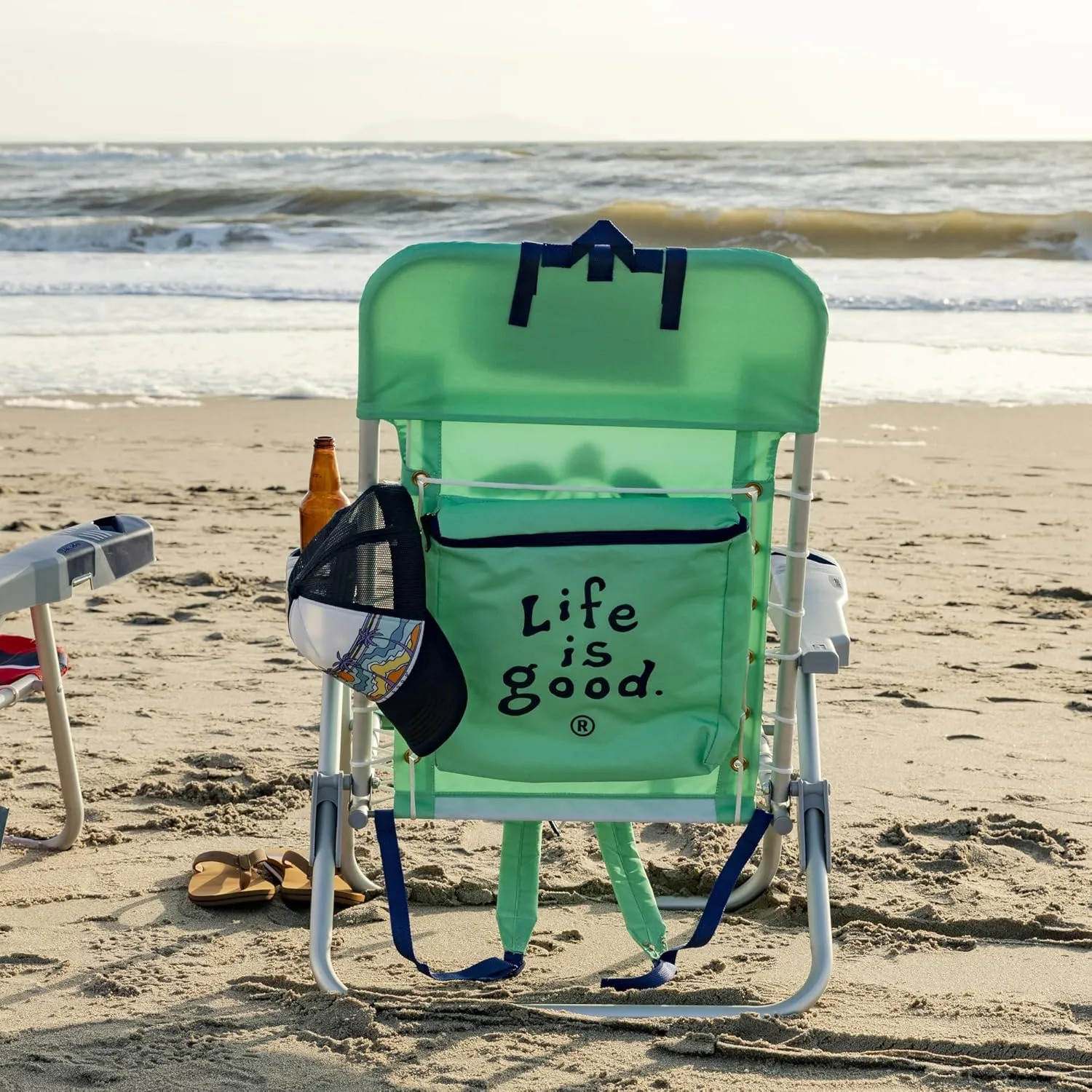 Life is Good 4-Position Lace-up Backpack Beach Chair with Pillow, Cup and Phone Holder, Spearmint Green