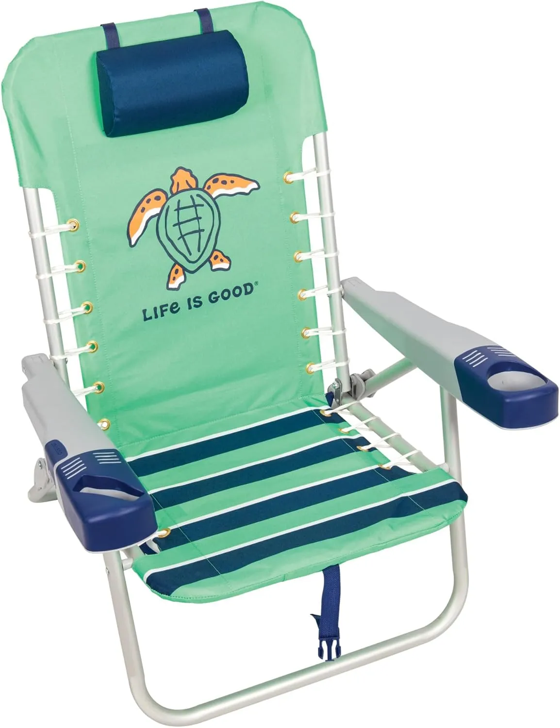 Life is Good 4-Position Lace-up Backpack Beach Chair with Pillow, Cup and Phone Holder, Spearmint Green