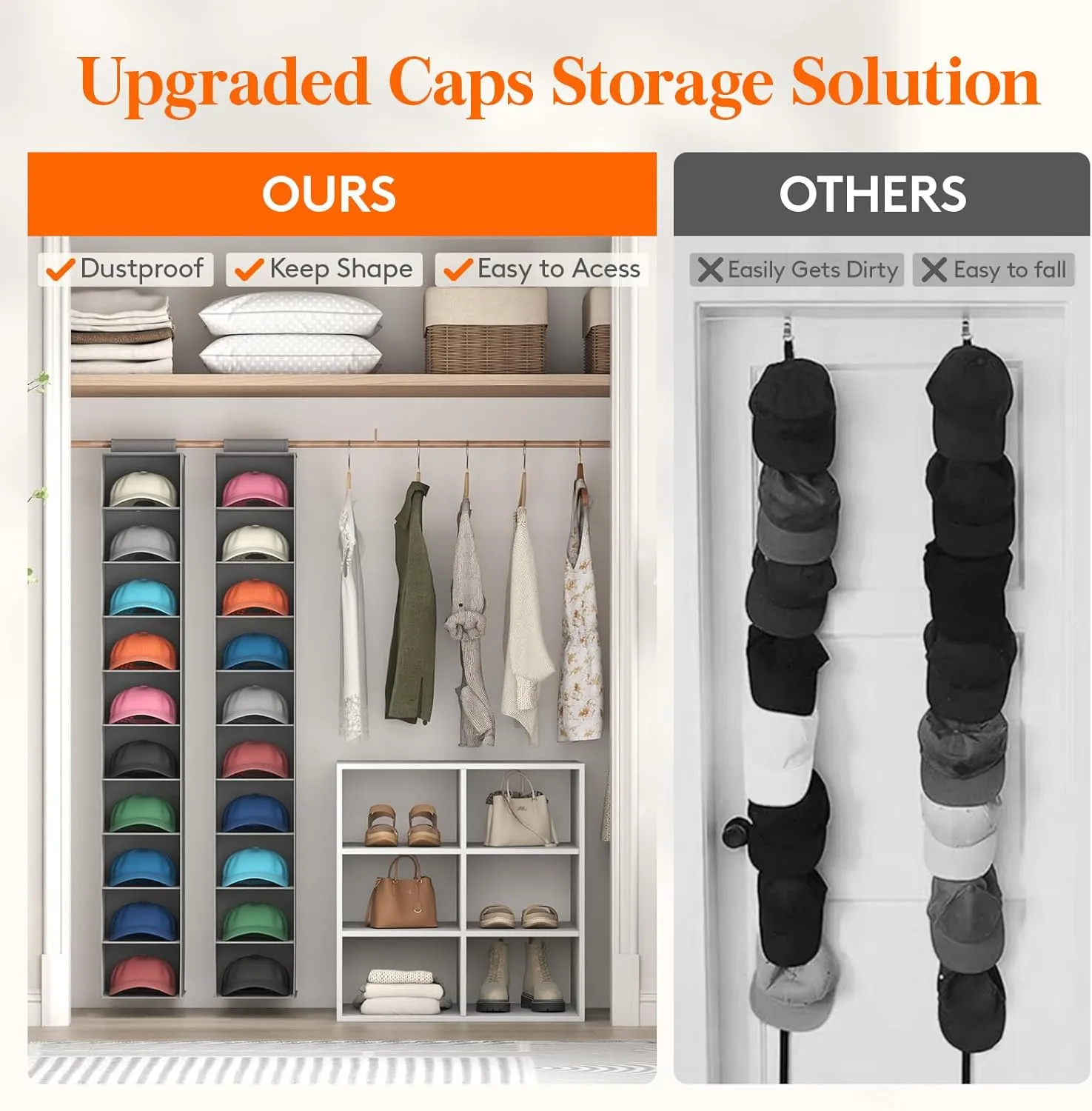 Lifewit 10 Compartments Hat Organizer for Baseball Caps, 2 Packs Hat Racks Hanging Storage organizer, Non-Woven Fabric Display Shelf Holds Up to 40 Hats, Cap Holder Hanger for Closet, Bedroom, Grey