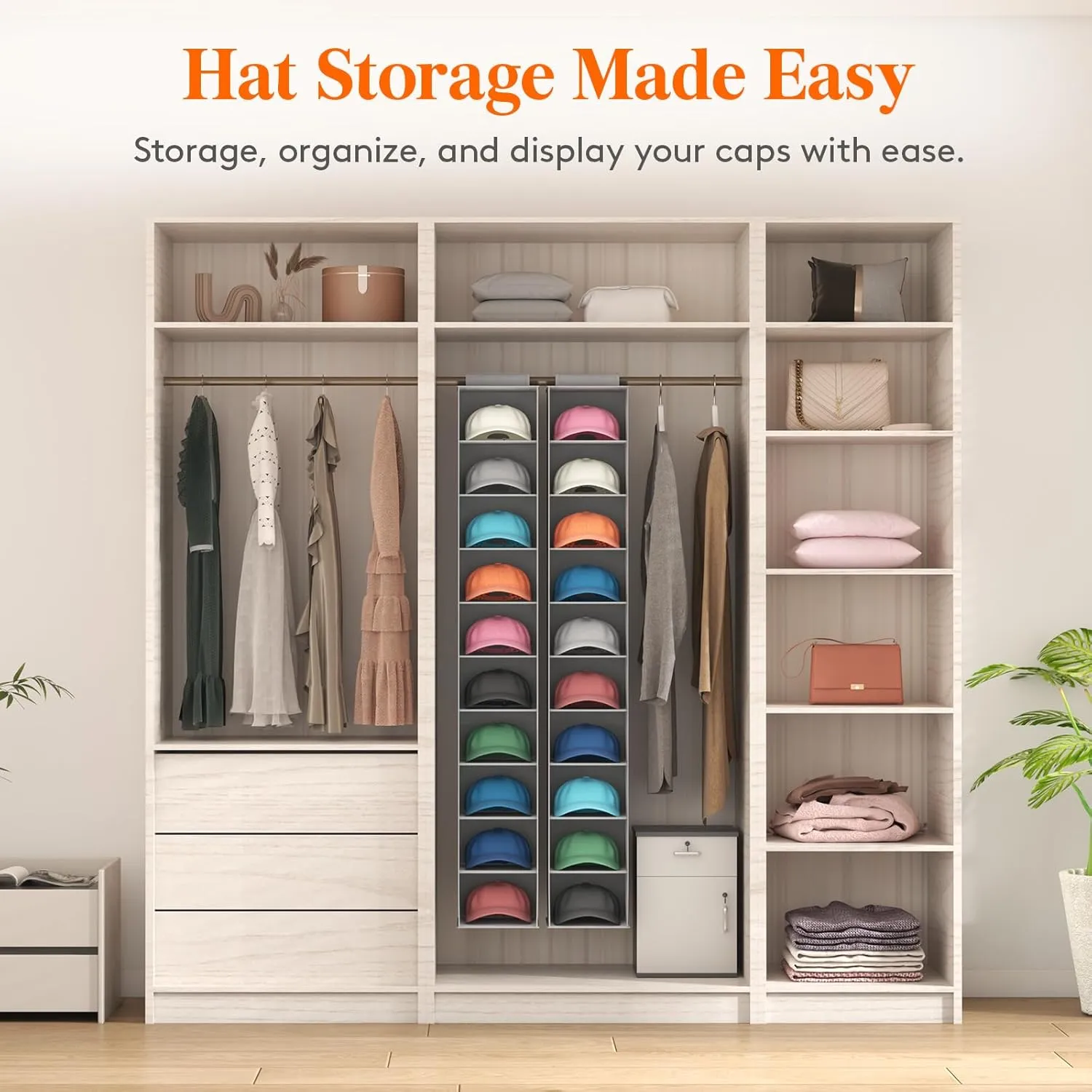 Lifewit 10 Compartments Hat Organizer for Baseball Caps, 2 Packs Hat Racks Hanging Storage organizer, Non-Woven Fabric Display Shelf Holds Up to 40 Hats, Cap Holder Hanger for Closet, Bedroom, Grey