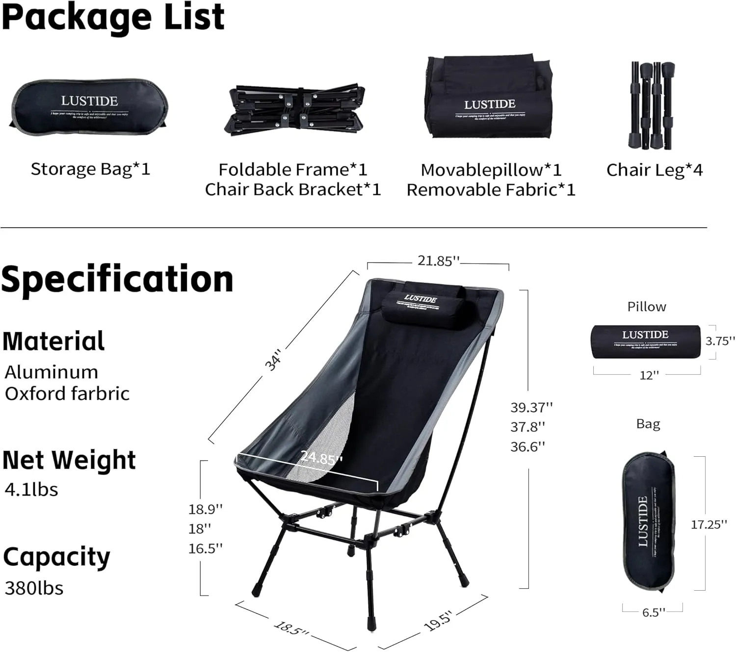Lightweight Heavy Duty Camp Chair, 380lb Capacity High-Back Headrest, Durable Aluminum Frame, 3-Way Adjustable Legs, Quick-Fold Compact Bag, Stable Square Base for Camping, Beach, Hiking, Tailgating