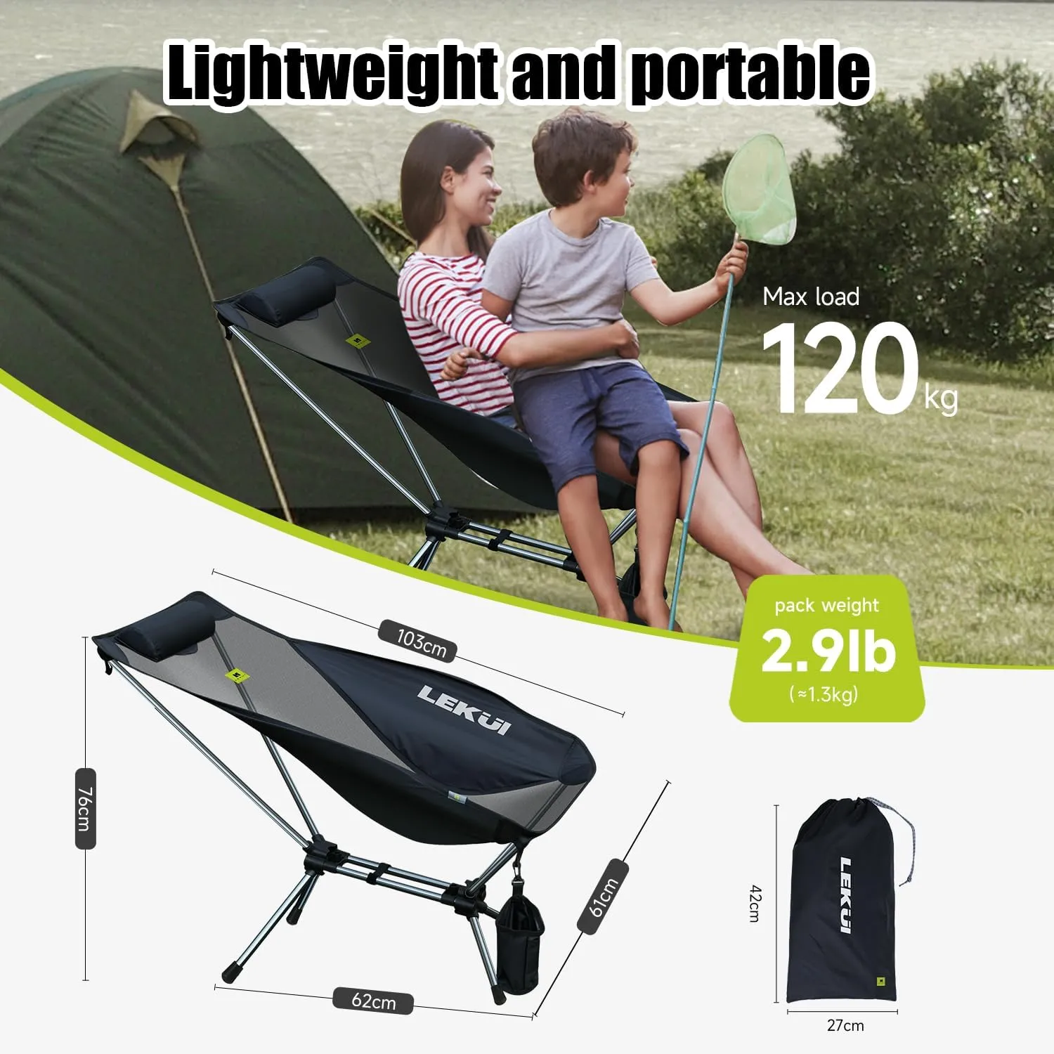 Lightweight High Back Camping Chair with Head Support, Portable Folding Aluminium Alloy Chair Nylon Chair Fabric, Hammock Design Suitable for Outdoor Camping, Beach, Picnic, Fishing, Climbing