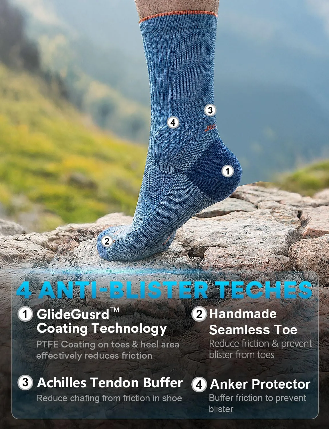 Lightweight Micro Crew Hiking Socks Coolmax Merino Wool Compression Moisture Wicking Anti-Blister Cushioned