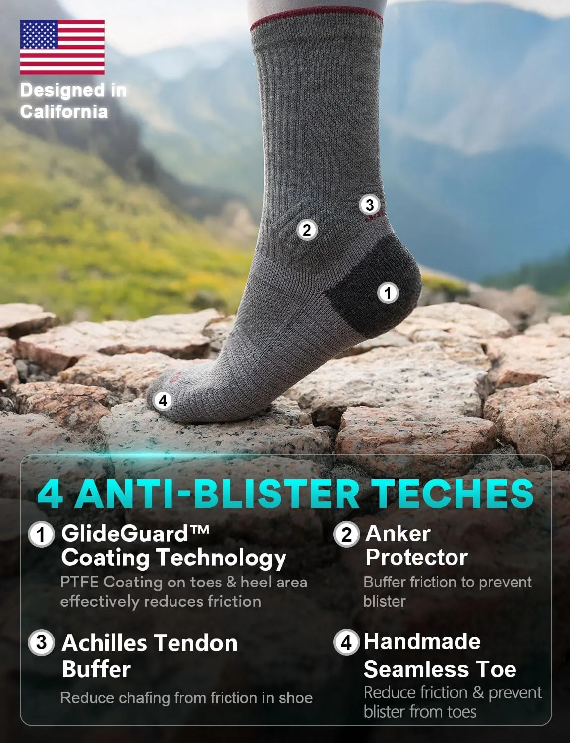 Lightweight Micro Crew Hiking Socks Coolmax Merino Wool Compression Moisture Wicking Anti-Blister Cushioned