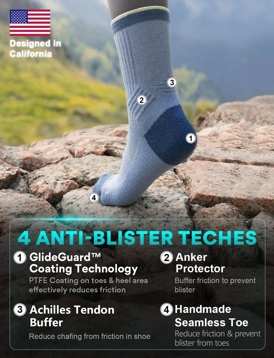 Lightweight Micro Crew Hiking Socks Coolmax Merino Wool Compression Moisture Wicking Anti-Blister Cushioned