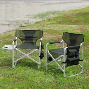 Lightweight Oversized Padded Folding Outdoor Chair Set with Side Table and Storage Pockets, Green