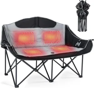 LILYPELLE Heated Double Camping Chair, 2 Person Camping Chair Oversized Loveseat, Padded Folding Chair Lawn Chairs Patio Lounge Chairs for Lounge Patio Sports