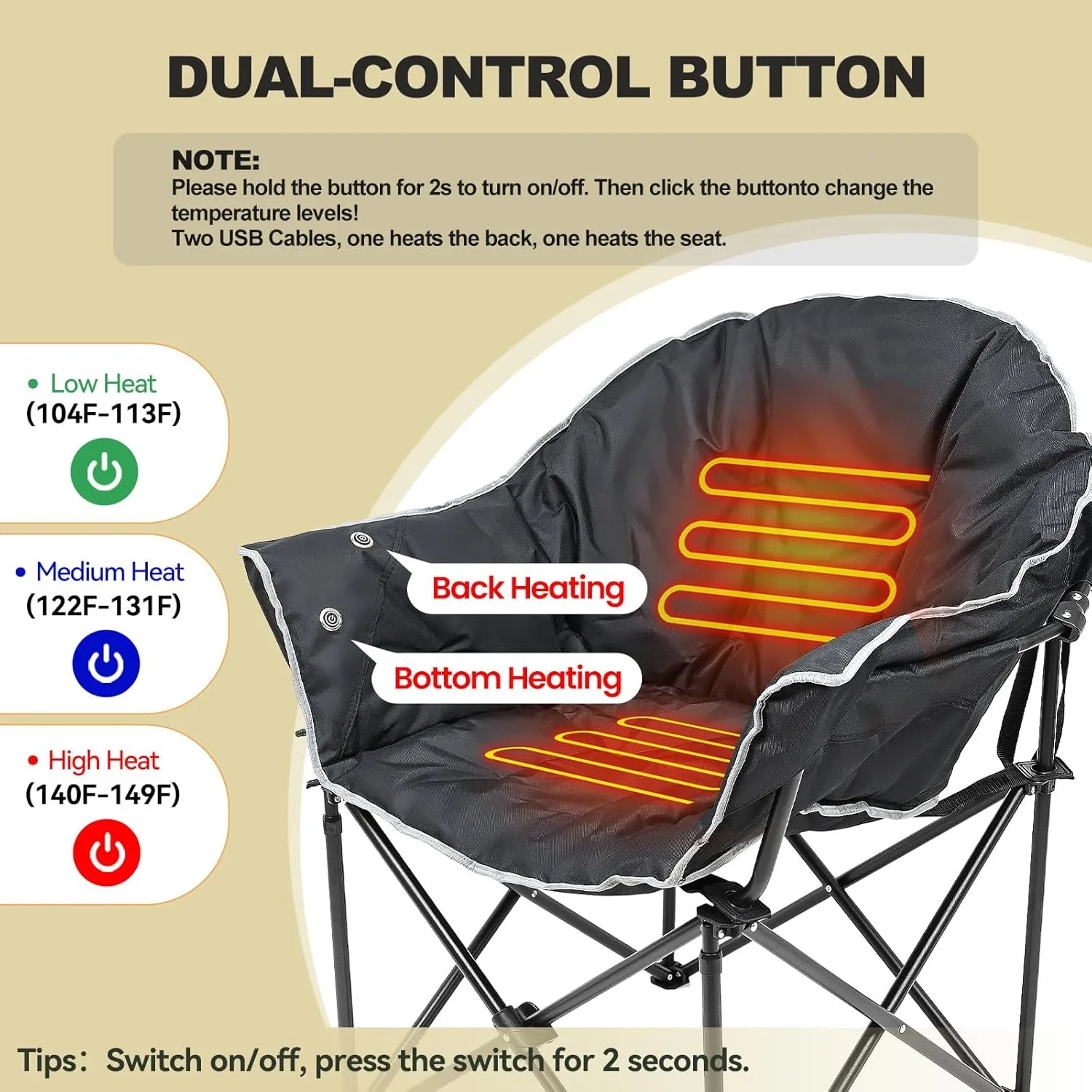 LILYPELLE Oversized Heated Camping Chair, Patio Lounge Chairs with 3 Heat Levels, Portable Folding Heated Chair Round Moon Saucer Folding Lawn Chair Outdoor Chair for Camping, Lounge Patio