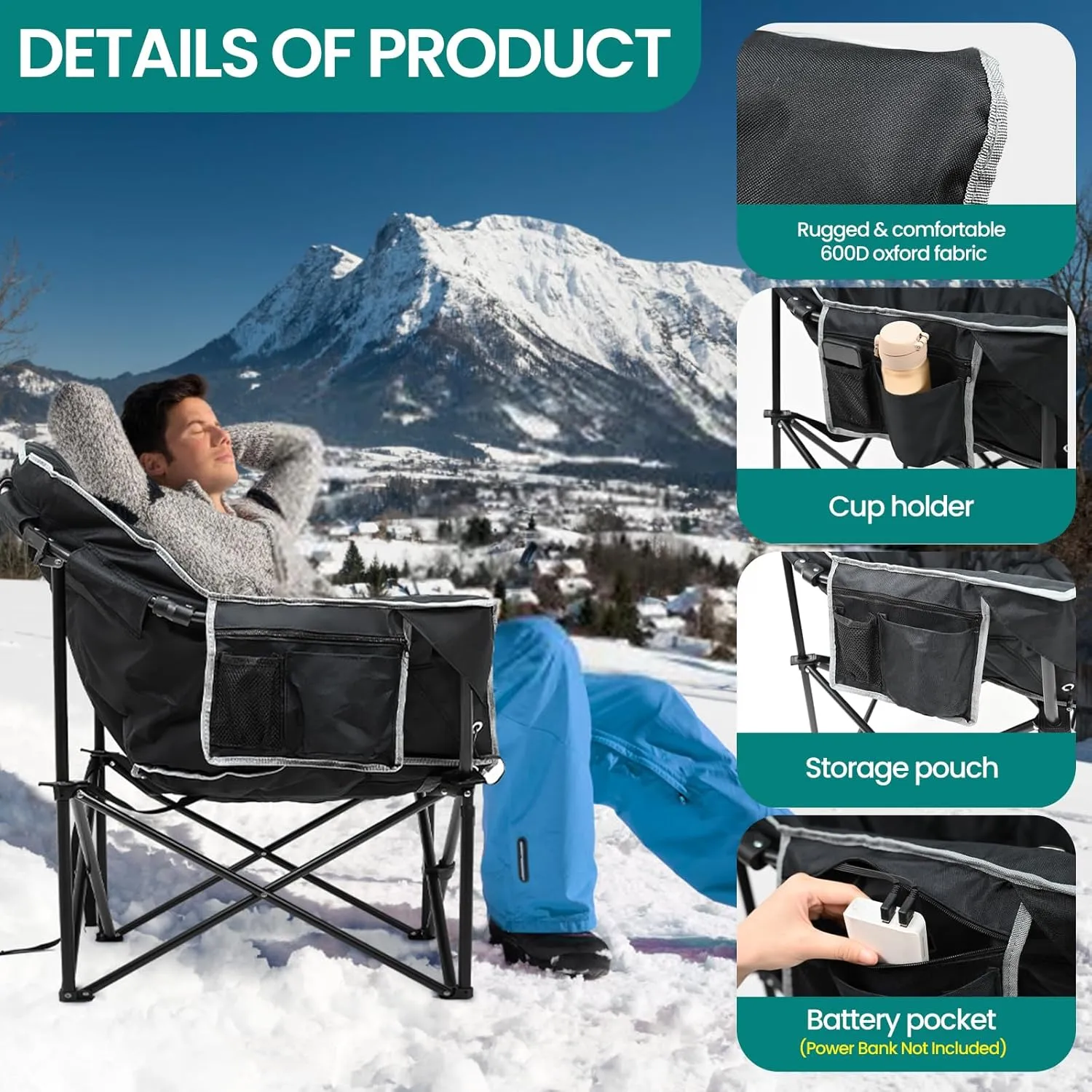 LILYPELLE Oversized Heated Camping Chair, Patio Lounge Chairs with 3 Heat Levels, Portable Folding Heated Chair Round Moon Saucer Folding Lawn Chair Outdoor Chair for Camping, Lounge Patio