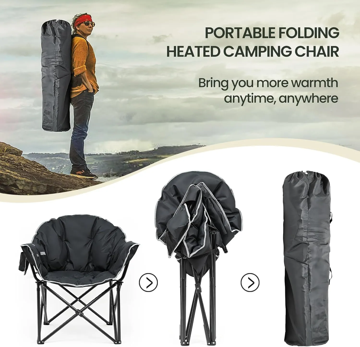 LILYPELLE Oversized Heated Camping Chair, Patio Lounge Chairs with 3 Heat Levels, Portable Folding Heated Chair Round Moon Saucer Folding Lawn Chair Outdoor Chair for Camping, Lounge Patio
