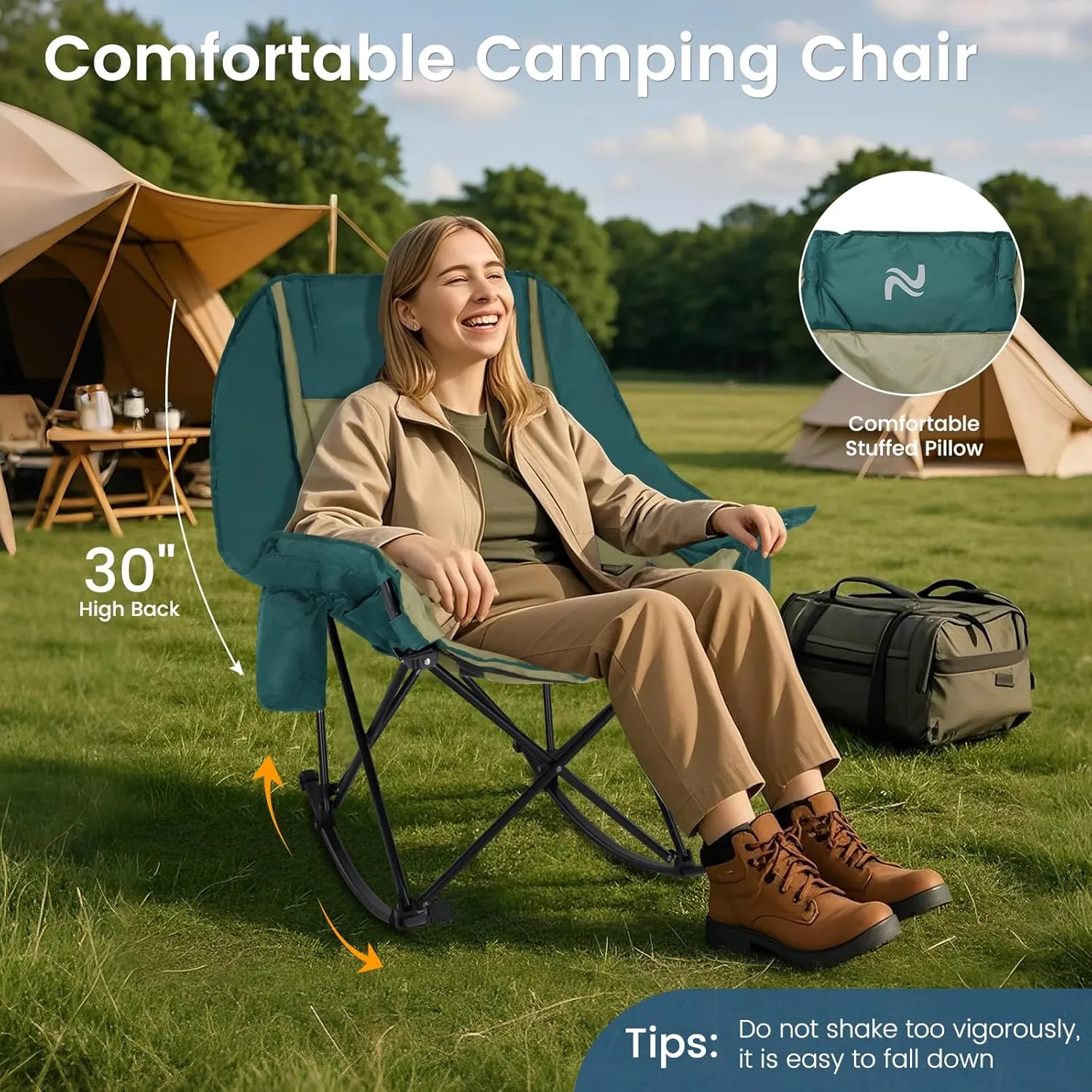 LILYPELLE Oversized Rocking Camping Chair, Fully Padded Patio Chair with Cooler Bag and Side Pocket, High Back Portable Lawn Recliner Rocker Chairs for Camp, Patio, Supports 400 lbs