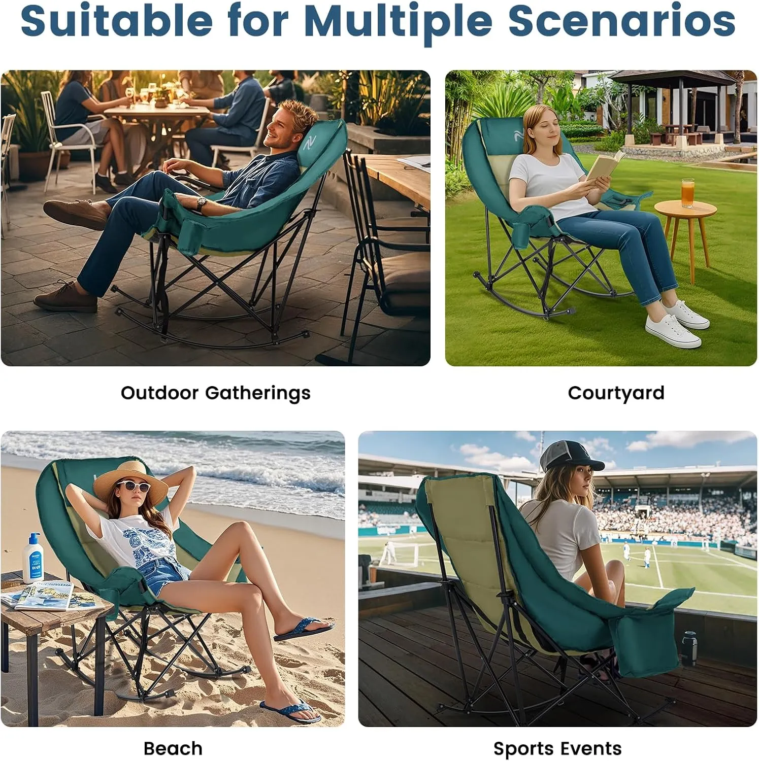 LILYPELLE Oversized Rocking Camping Chair, Fully Padded Patio Chair with Cooler Bag and Side Pocket, High Back Portable Lawn Recliner Rocker Chairs for Camp, Patio, Supports 400 lbs