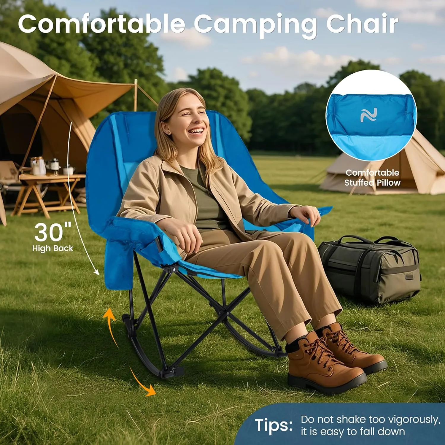 LILYPELLE Oversized Rocking Camping Chair, Fully Padded Patio Chair with Cooler Bag and Side Pocket, High Back Portable Lawn Recliner Rocker Chairs for Camp, Patio, Supports 400 lbs