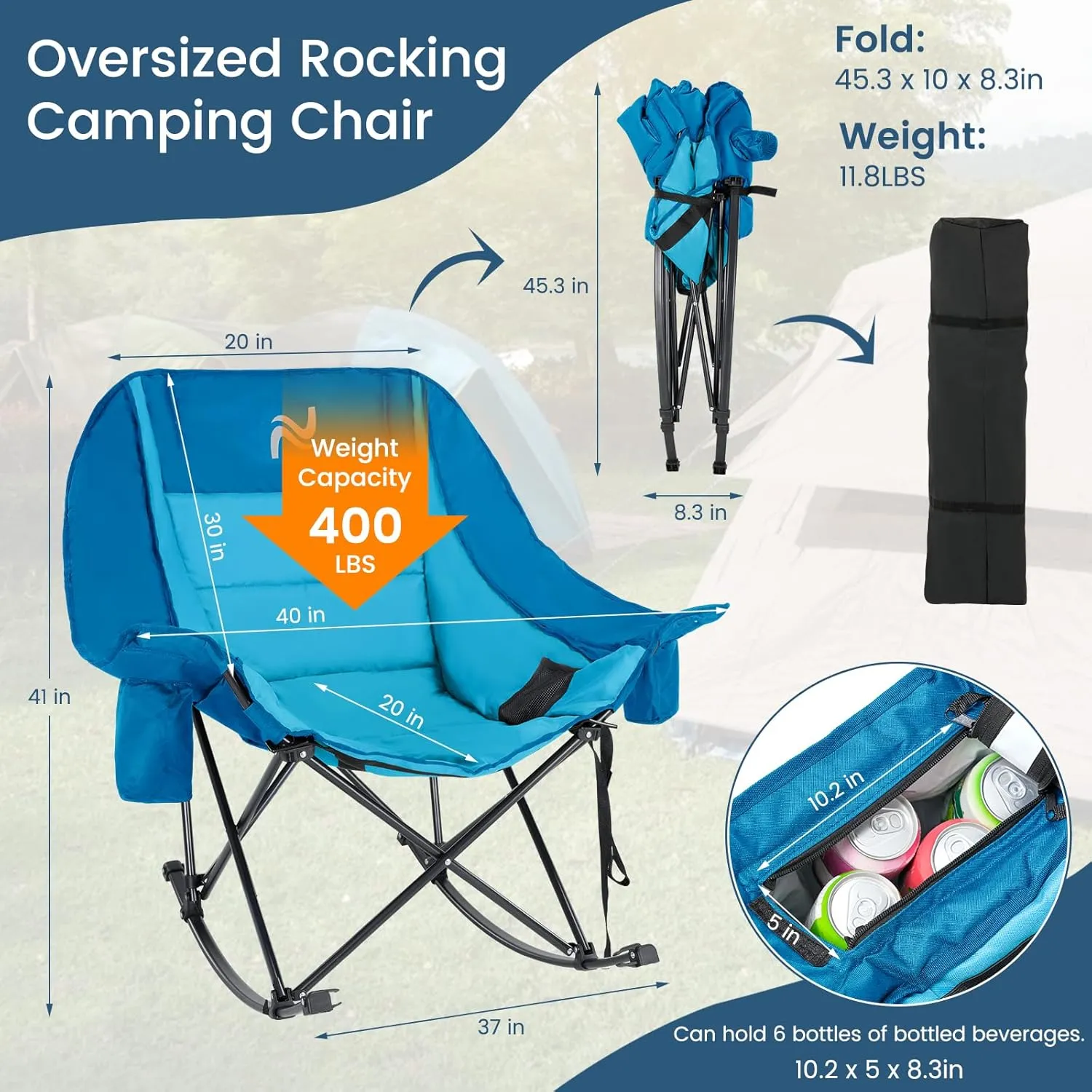 LILYPELLE Oversized Rocking Camping Chair, Fully Padded Patio Chair with Cooler Bag and Side Pocket, High Back Portable Lawn Recliner Rocker Chairs for Camp, Patio, Supports 400 lbs