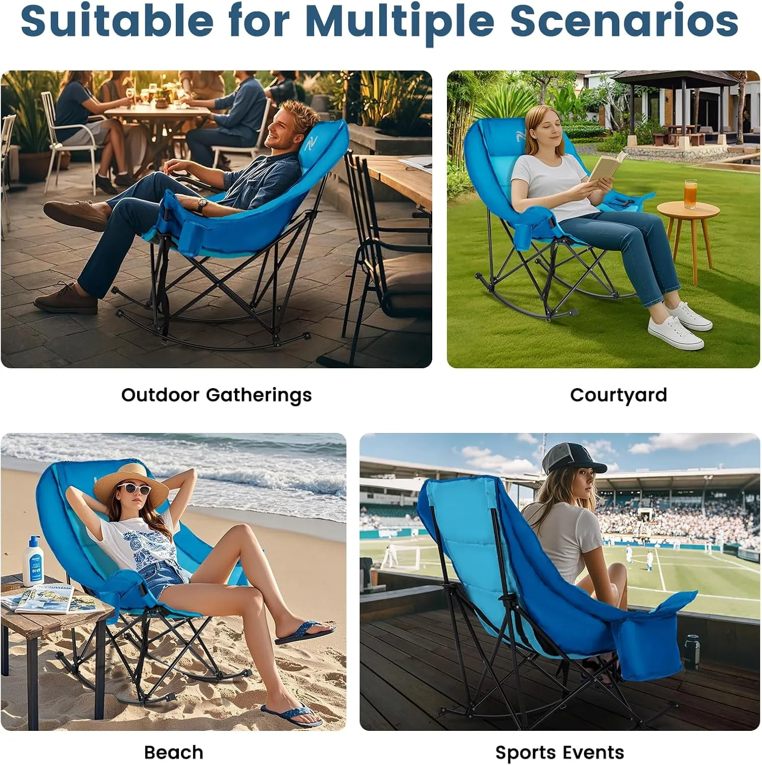 LILYPELLE Oversized Rocking Camping Chair, Fully Padded Patio Chair with Cooler Bag and Side Pocket, High Back Portable Lawn Recliner Rocker Chairs for Camp, Patio, Supports 400 lbs