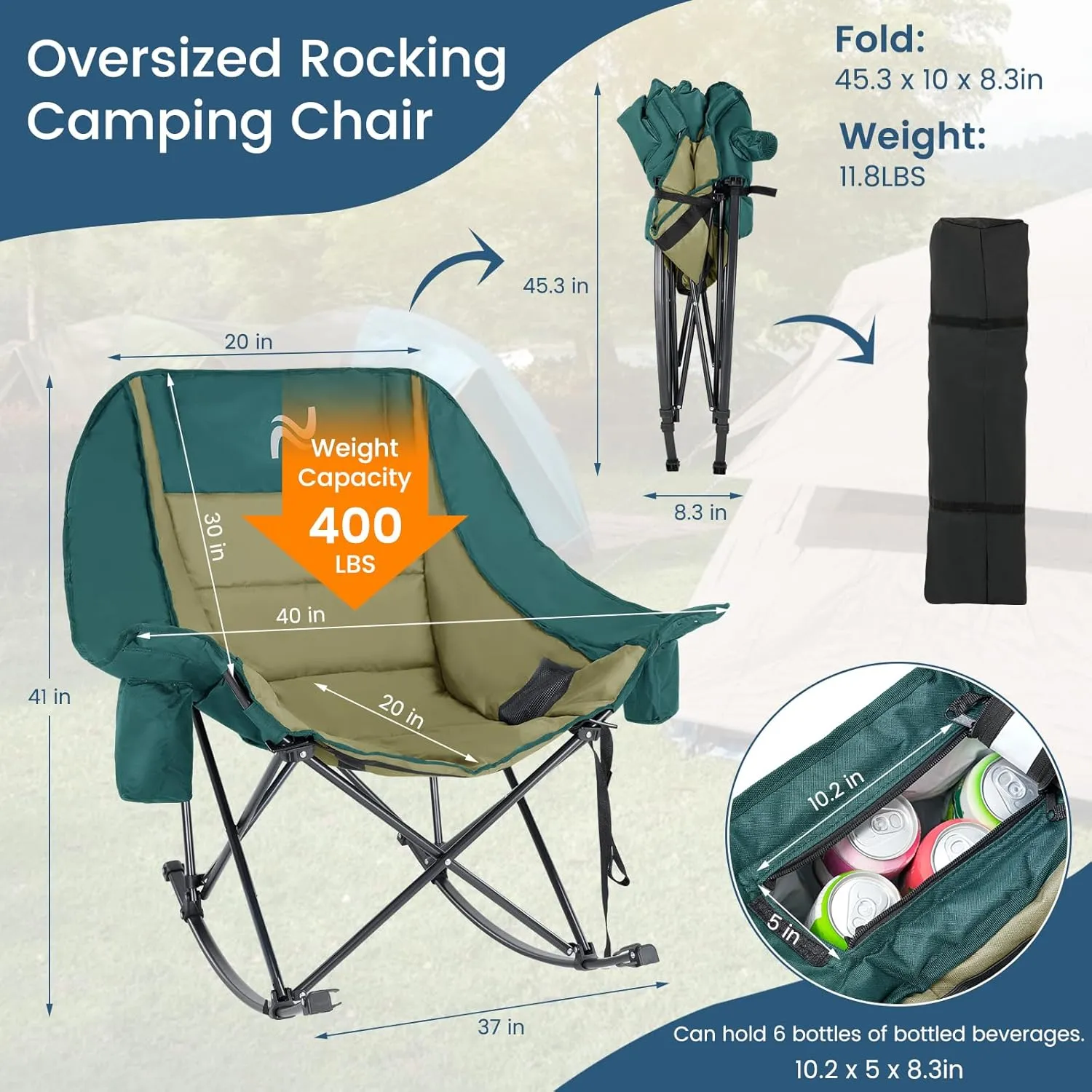 LILYPELLE Oversized Rocking Camping Chair, Fully Padded Patio Chair with Cooler Bag and Side Pocket, High Back Portable Lawn Recliner Rocker Chairs for Camp, Patio, Supports 400 lbs