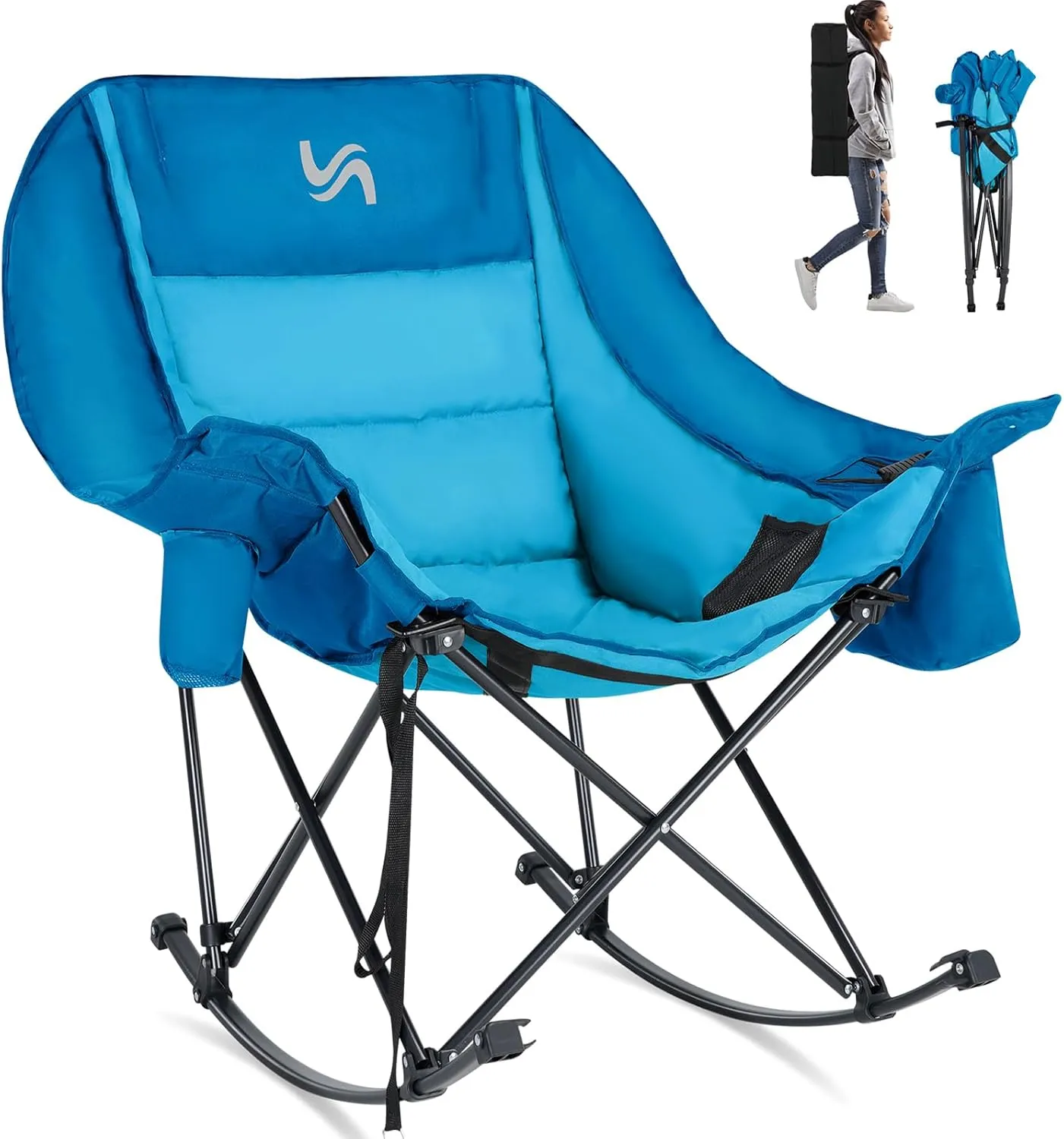 LILYPELLE Oversized Rocking Camping Chair, Fully Padded Patio Chair with Cooler Bag and Side Pocket, High Back Portable Lawn Recliner Rocker Chairs for Camp, Patio, Supports 400 lbs