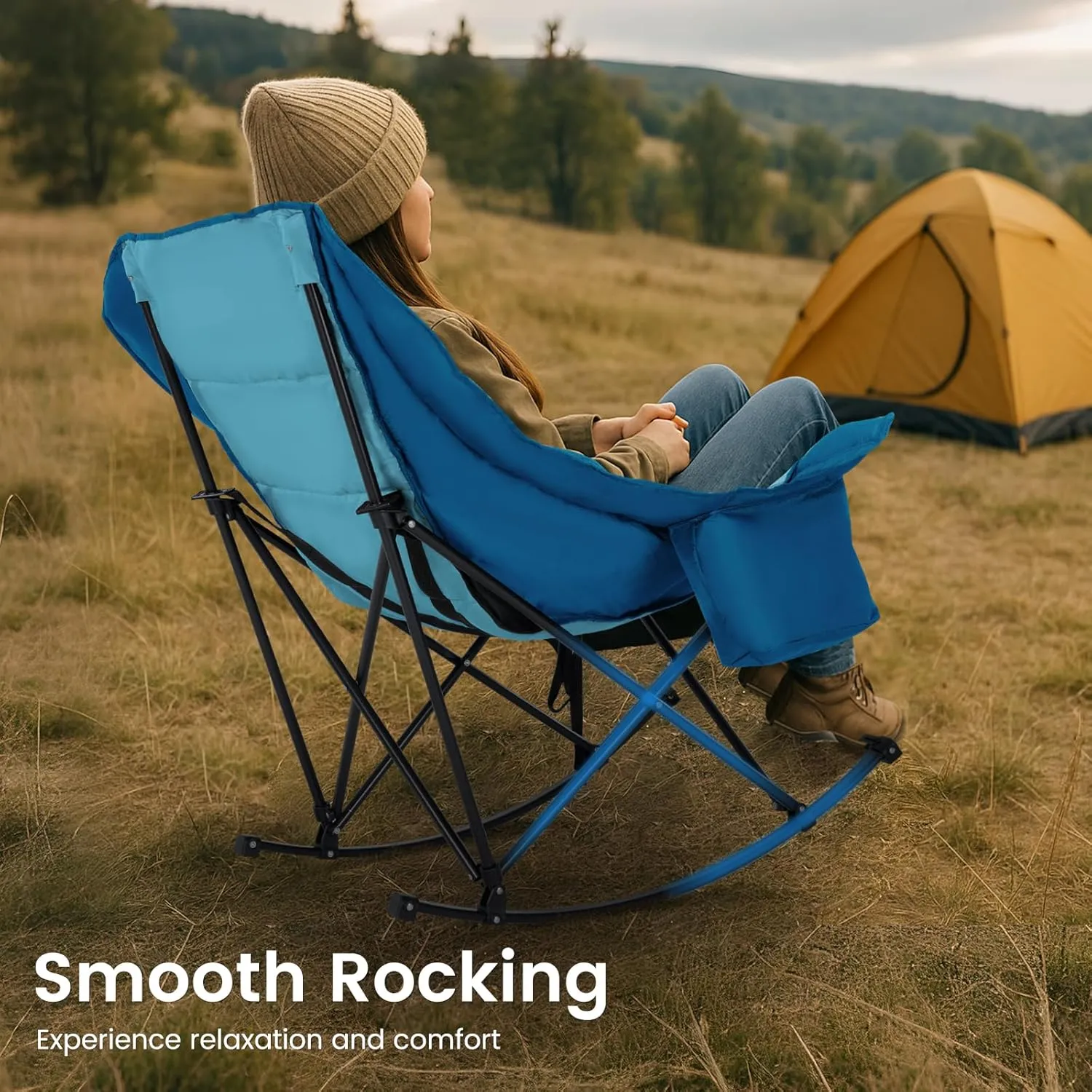 LILYPELLE Oversized Rocking Camping Chair, Fully Padded Patio Chair with Cooler Bag and Side Pocket, High Back Portable Lawn Recliner Rocker Chairs for Camp, Patio, Supports 400 lbs