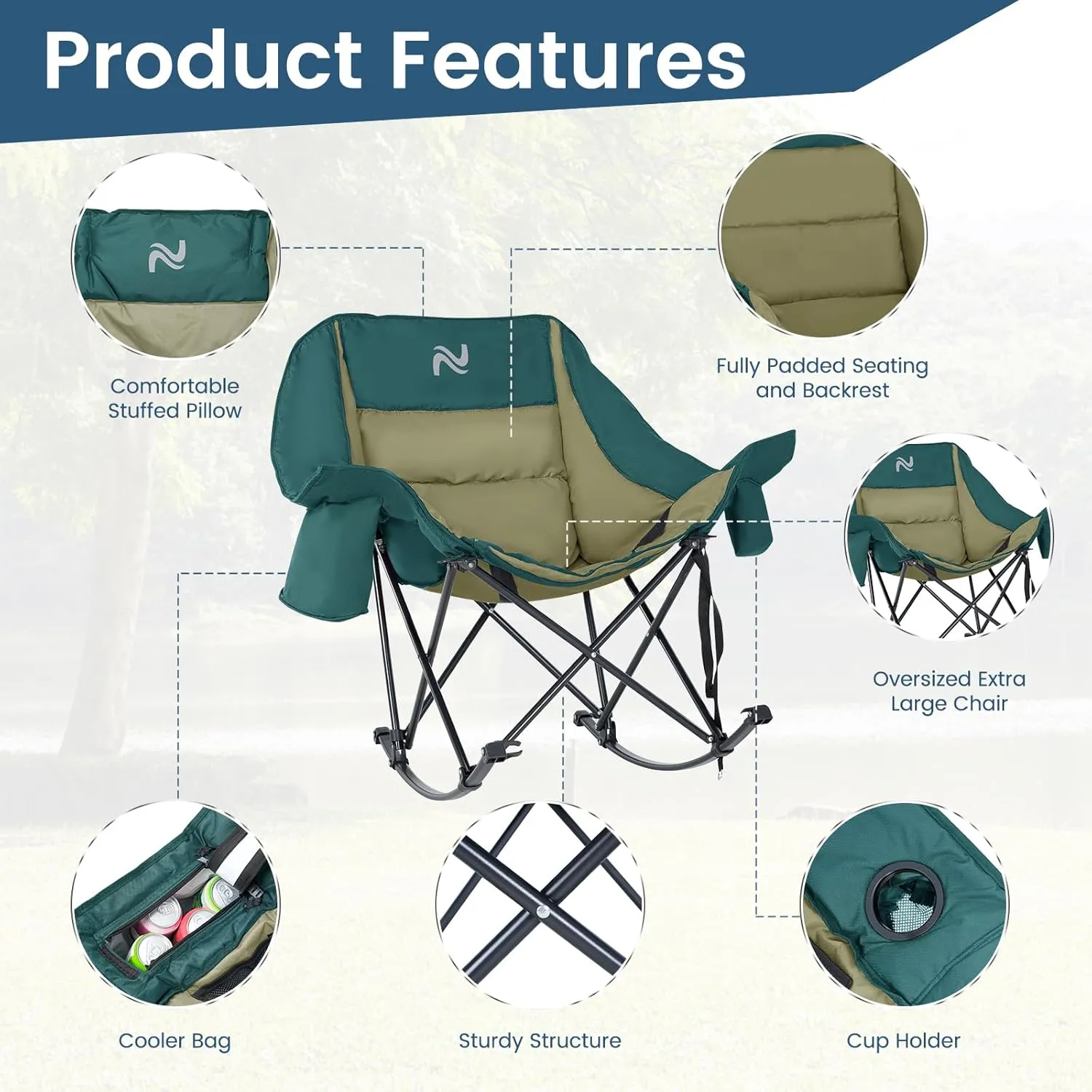 LILYPELLE Oversized Rocking Camping Chair, Fully Padded Patio Chair with Cooler Bag and Side Pocket, High Back Portable Lawn Recliner Rocker Chairs for Camp, Patio, Supports 400 lbs