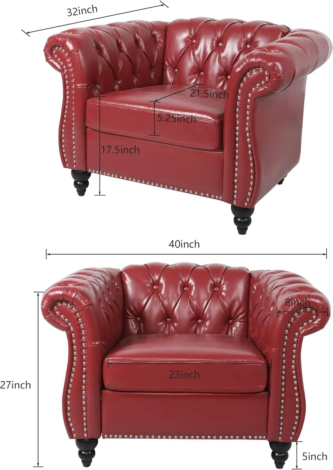 Living Room Chair, Modern Leather Chesterfield Sofa Chair, Mid Century Single Sofa Couch Chair with Tufted Back and Rolled Arms, Accent Sofa Chair for Living Room Apartment, Claret