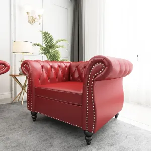 Living Room Chair, Modern Leather Chesterfield Sofa Chair, Mid Century Single Sofa Couch Chair with Tufted Back and Rolled Arms, Accent Sofa Chair for Living Room Apartment, Claret