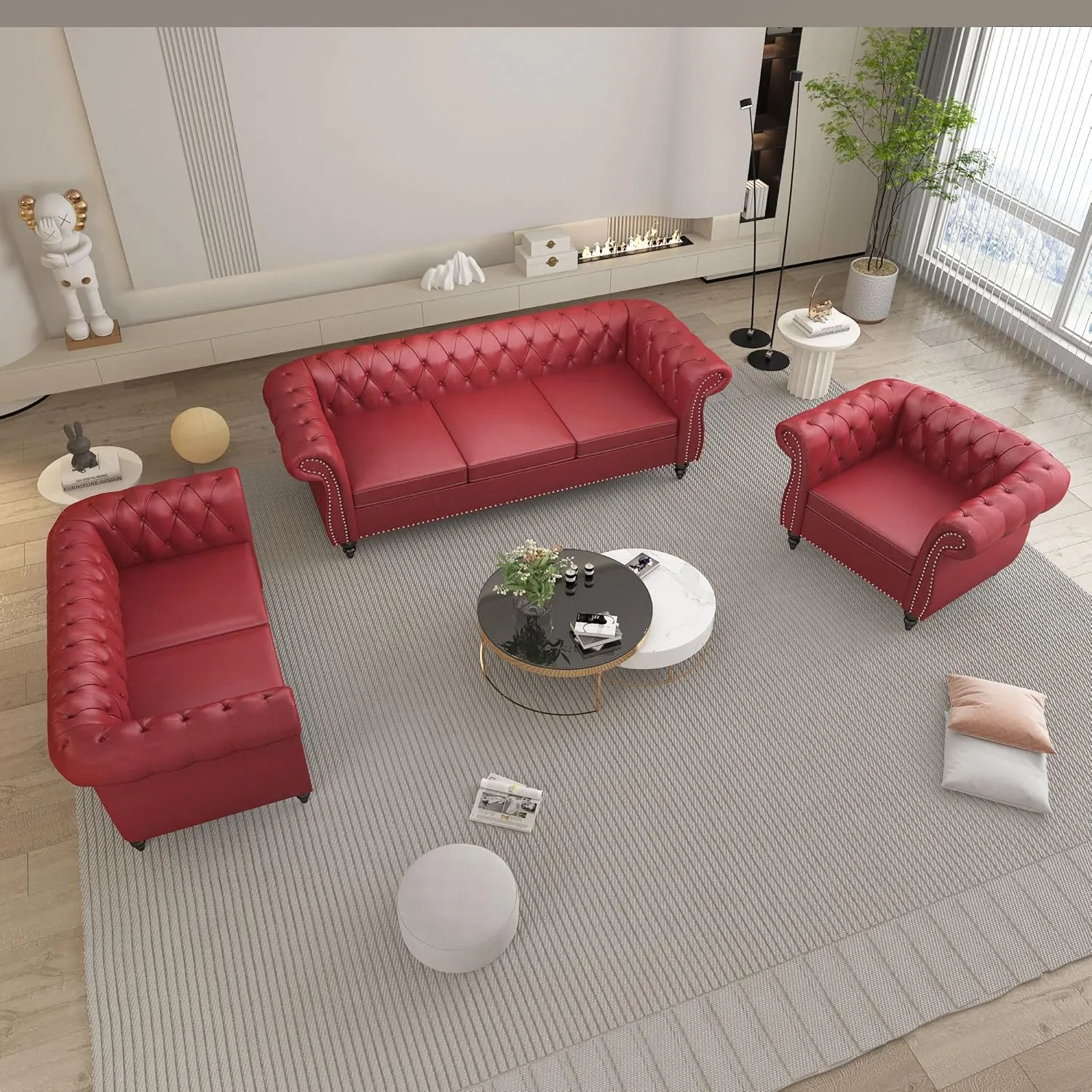 Living Room Chair, Modern Leather Chesterfield Sofa Chair, Mid Century Single Sofa Couch Chair with Tufted Back and Rolled Arms, Accent Sofa Chair for Living Room Apartment, Claret
