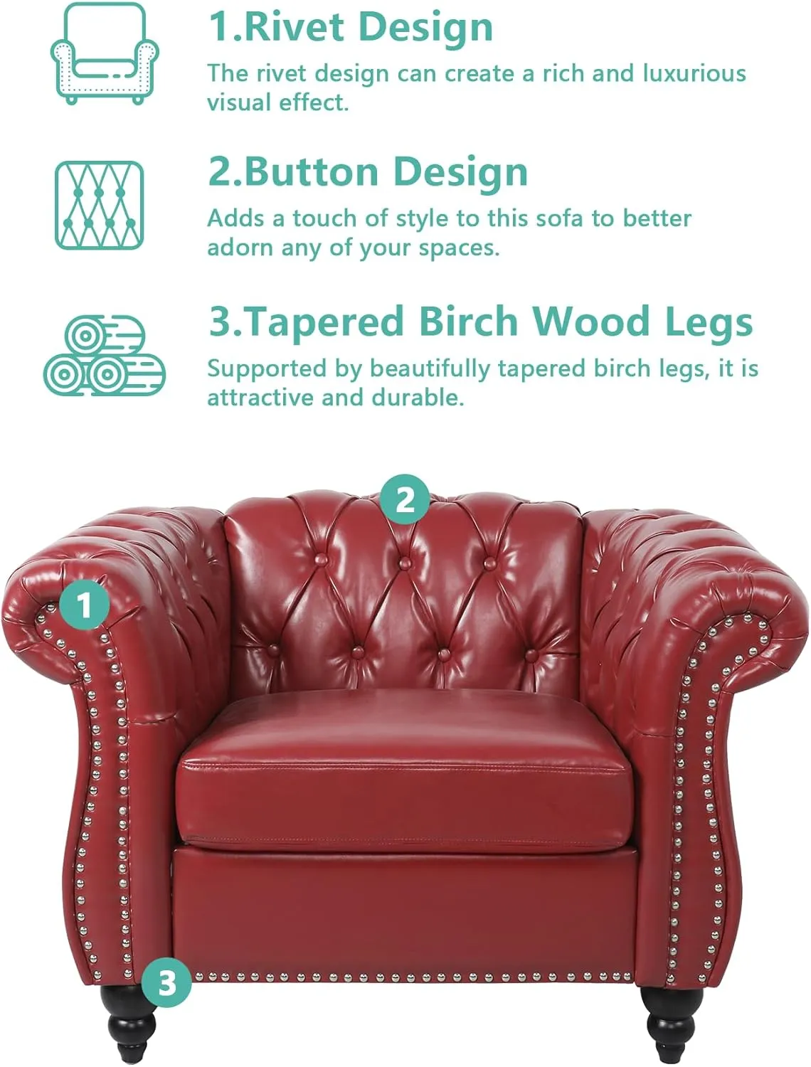 Living Room Chair, Modern Leather Chesterfield Sofa Chair, Mid Century Single Sofa Couch Chair with Tufted Back and Rolled Arms, Accent Sofa Chair for Living Room Apartment, Claret