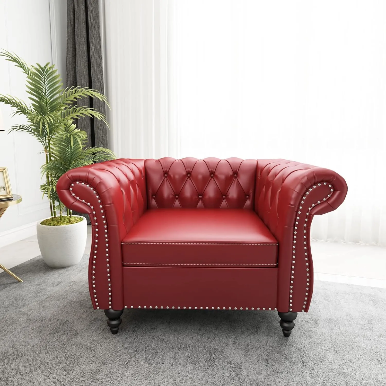 Living Room Chair, Modern Leather Chesterfield Sofa Chair, Mid Century Single Sofa Couch Chair with Tufted Back and Rolled Arms, Accent Sofa Chair for Living Room Apartment, Claret