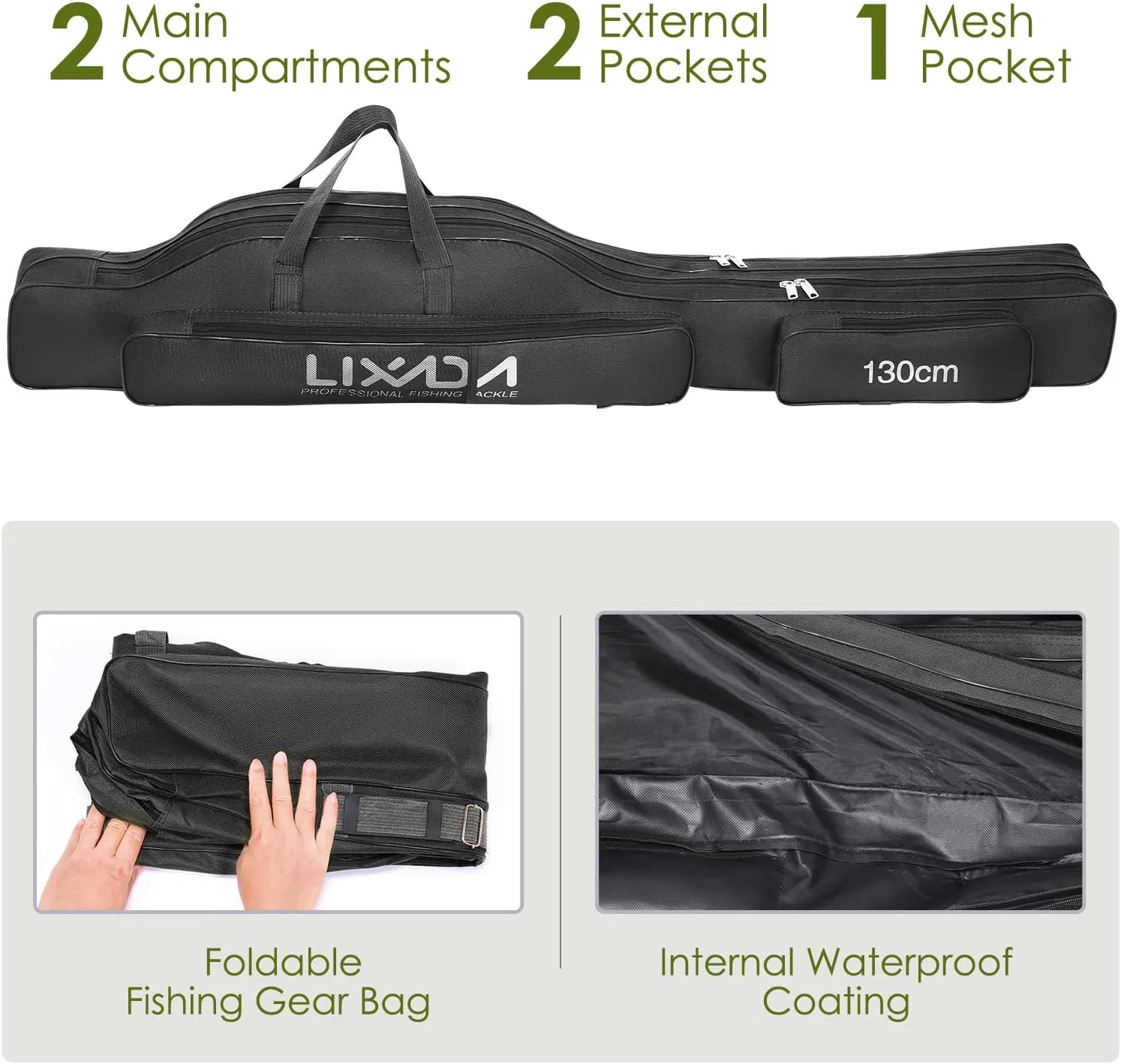 Lixada Fishing Rod Case, Portable Folding Fishing Rod Case Fishing Pole Reel Storage Bag Fishing Gears Organizer