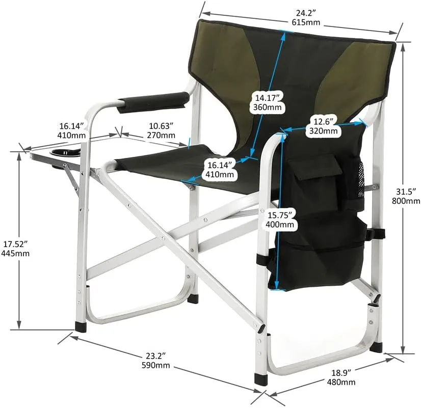 LLS Padded Folding Outdoor Chair with Side Table and Storage Pockets, Lightweight Oversized Camping Chair Directors Chair for Indoor, Outdoor Camping, Picnics and Fishing, Green (2pcs)