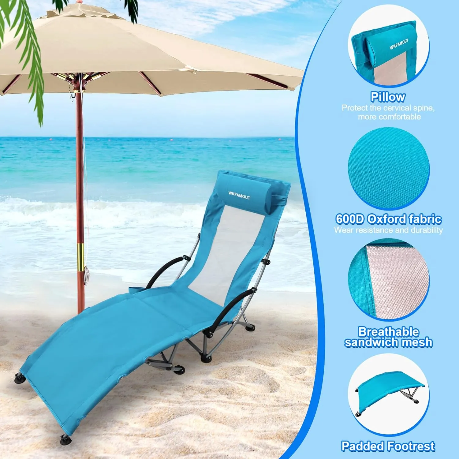 Low Folding Beach Chair with Footrest for Adults 265Lbs High Back Beach Chair Portable with Cup Holder Lightweight for Outdoor Sand Concert Travel Cyan