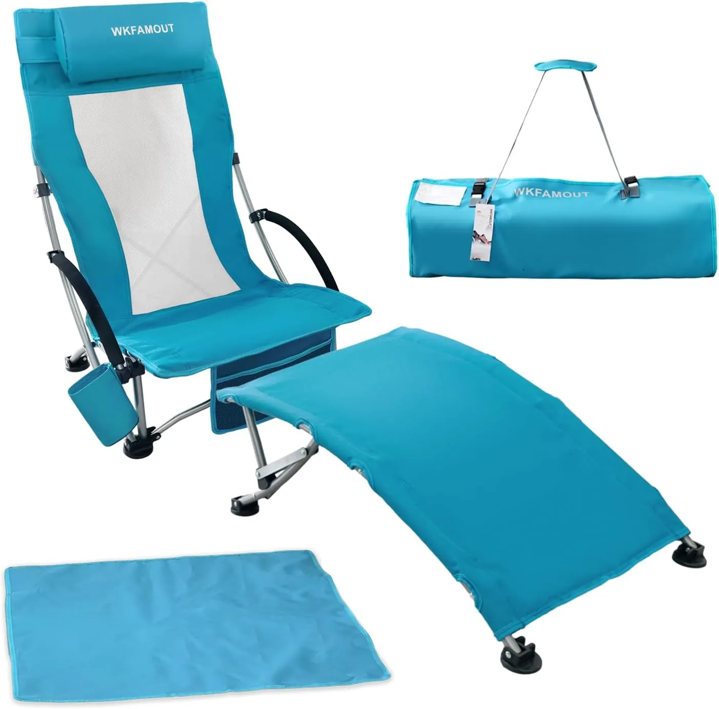 Low Folding Beach Chair with Footrest for Adults 265Lbs High Back Beach Chair Portable with Cup Holder Lightweight for Outdoor Sand Concert Travel Cyan