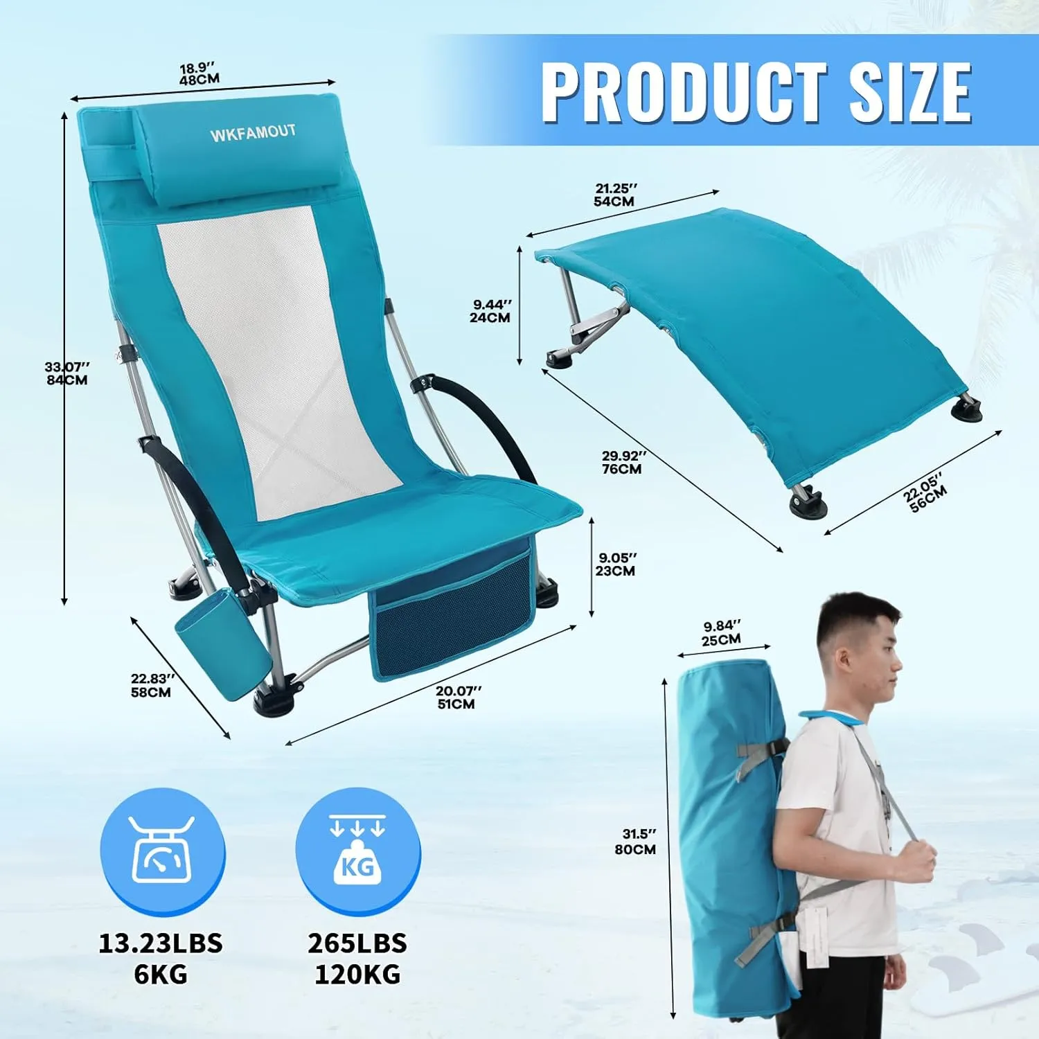 Low Folding Beach Chair with Footrest for Adults 265Lbs High Back Beach Chair Portable with Cup Holder Lightweight for Outdoor Sand Concert Travel Cyan