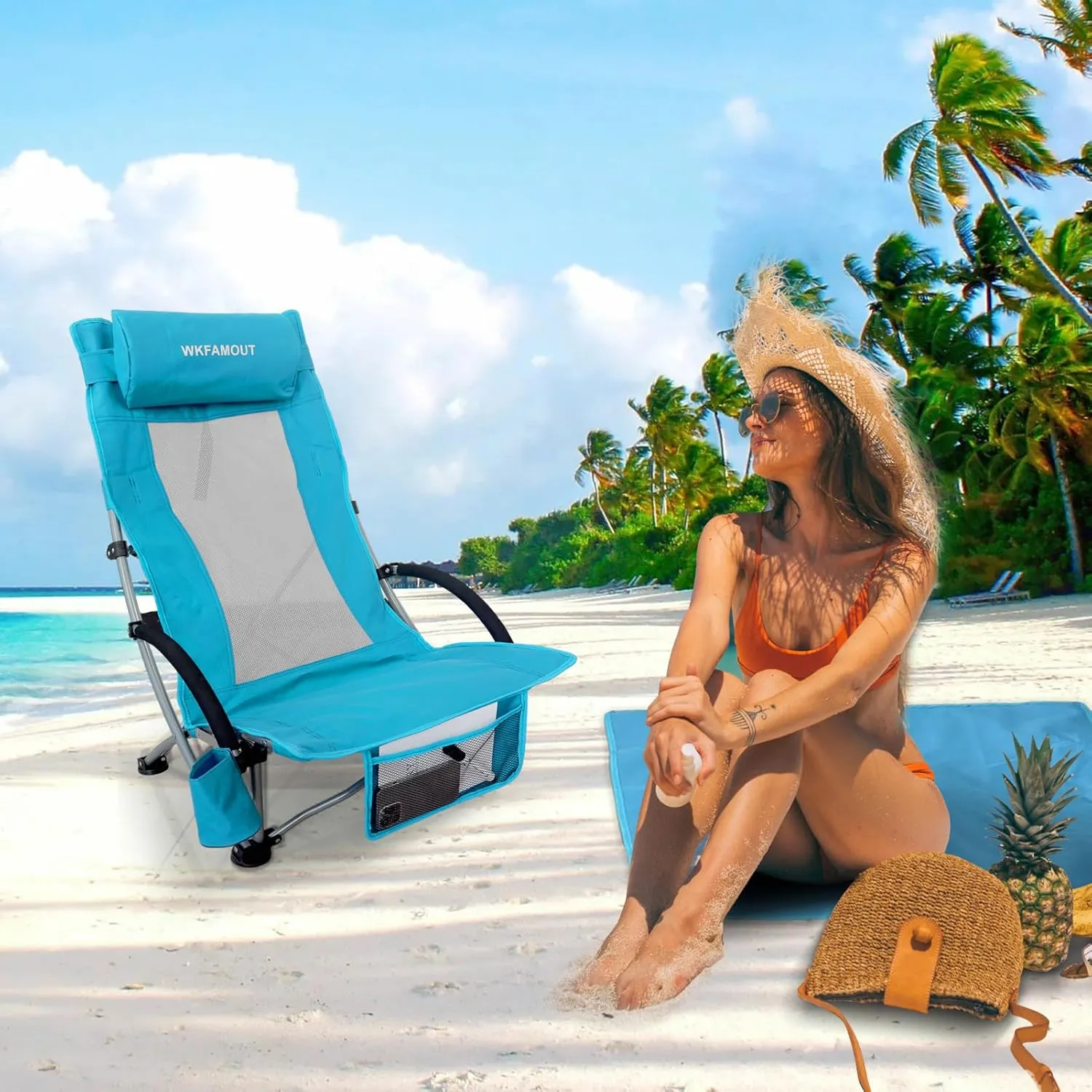Low Folding Beach Chair with Footrest for Adults 265Lbs High Back Beach Chair Portable with Cup Holder Lightweight for Outdoor Sand Concert Travel Cyan