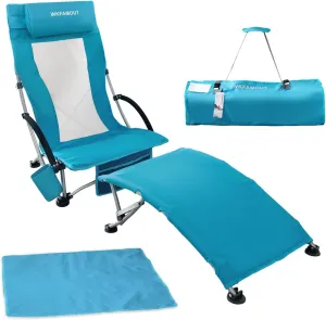 Low Folding Beach Chair with Footrest for Adults 265Lbs High Back Beach Chair Portable with Cup Holder Lightweight for Outdoor Sand Concert Travel Cyan