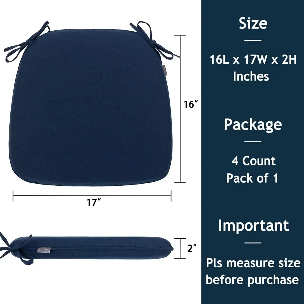 Magpie Fabrics 17"x16"x2" U-Shape Chair Cushions with Ties 4 Count, Outdoor Indoor Waterproof All Weather Seat Pads Decoration for Patio Garden Dining Office - Navy