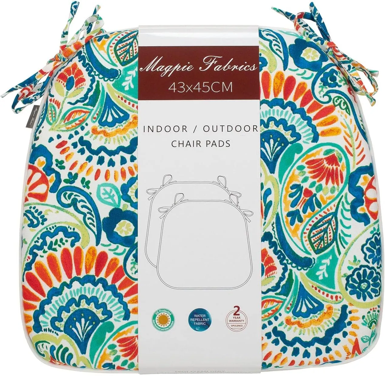 Magpie Fabrics 17"x16"x2" U-Shape Chair Cushions with Ties 4 Count, Outdoor Indoor Waterproof All Weather Seat Pads Decoration for Patio Garden Dining Office - Paisley Multi