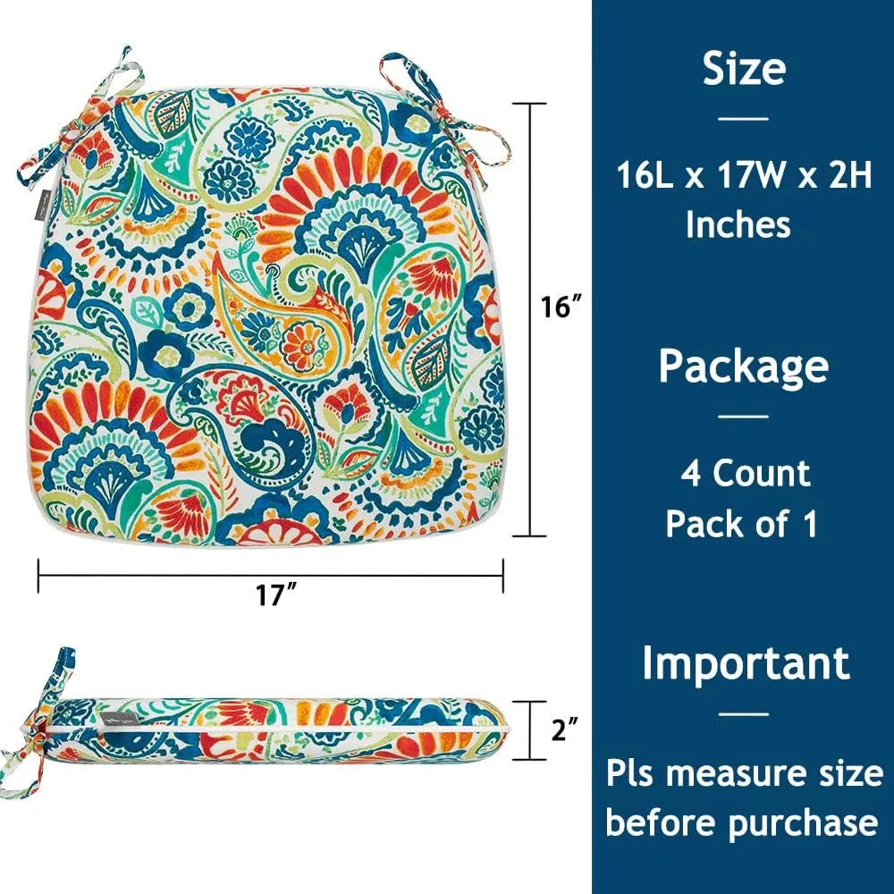 Magpie Fabrics 17"x16"x2" U-Shape Chair Cushions with Ties 4 Count, Outdoor Indoor Waterproof All Weather Seat Pads Decoration for Patio Garden Dining Office - Paisley Multi