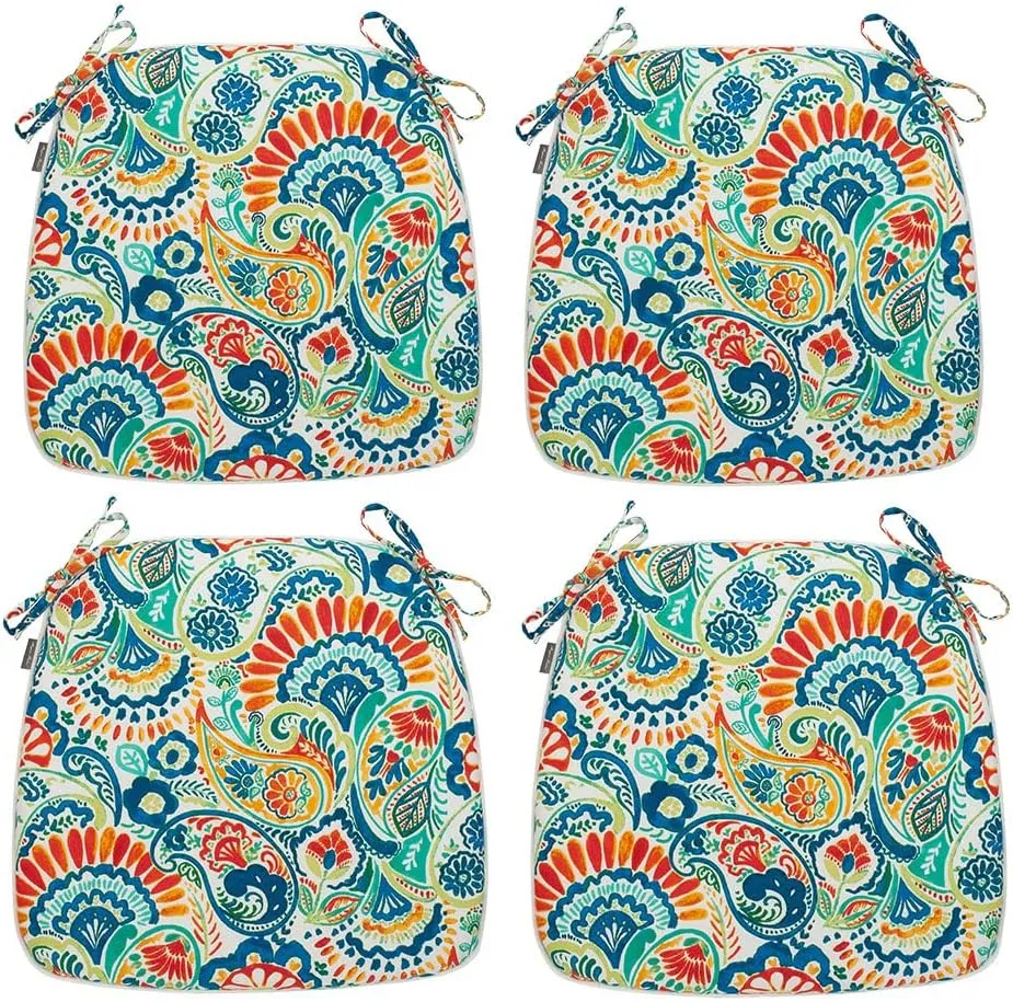 Magpie Fabrics 17"x16"x2" U-Shape Chair Cushions with Ties 4 Count, Outdoor Indoor Waterproof All Weather Seat Pads Decoration for Patio Garden Dining Office - Paisley Multi