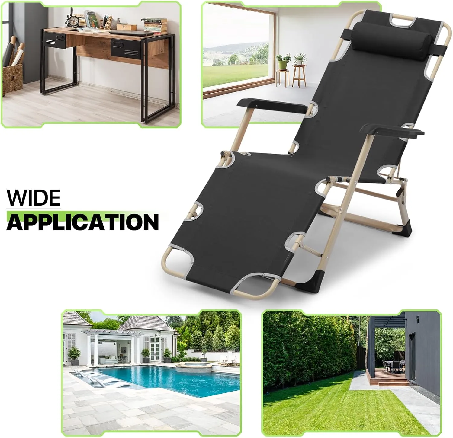 Magshion Folding Beach Lounge Chair 2 Pack Lawn Recliner Folding Portable Chaise Lounge Patio Chairs with Adjustable Headrest for Poolside Backyard Beach, 300 lbs (Black)