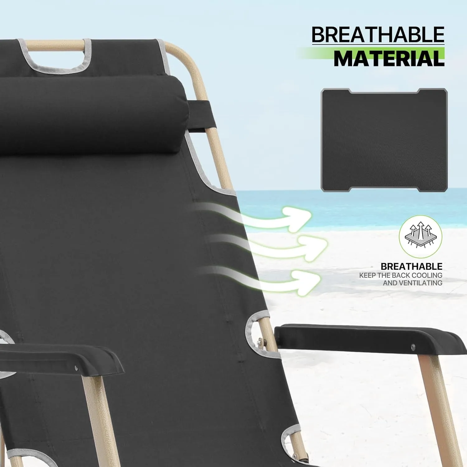 Magshion Folding Beach Lounge Chair 2 Pack Lawn Recliner Folding Portable Chaise Lounge Patio Chairs with Adjustable Headrest for Poolside Backyard Beach, 300 lbs (Black)